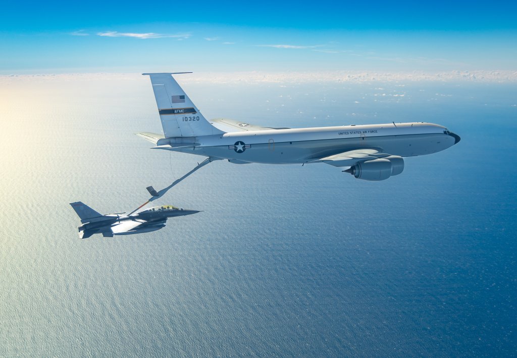 Air Force Materiel Command KC-135 tanker 10320 refuels Edwards AFB F-16D 87-392 from the 416th Flight Test Squadron - the 'Skulls' - during a long mission over the Pacific Ocean near Southern California November 7, 2023. The 412th Test Wing employs the F-16D in both Safety Chase and Photo Chase roles. (Air Force photo by Todd Schannuth)