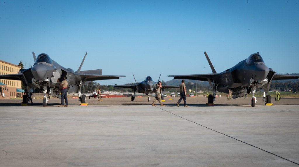 Maintainers from the 34th Fighter Generation Squadron recieve U.S. Air Force F-35A Lightning IIs after they land at Santa Maria Airport in Santa Maria, Calif., during Exercise Bamboo Eagle 24-3, Aug. 3, 2024. The 388th Fighter Wing deployed hundreds of pilots, maintainers, and support personnel for two back-to-back large force exercises. (U.S. Air Force photo by Micah Garbarino)