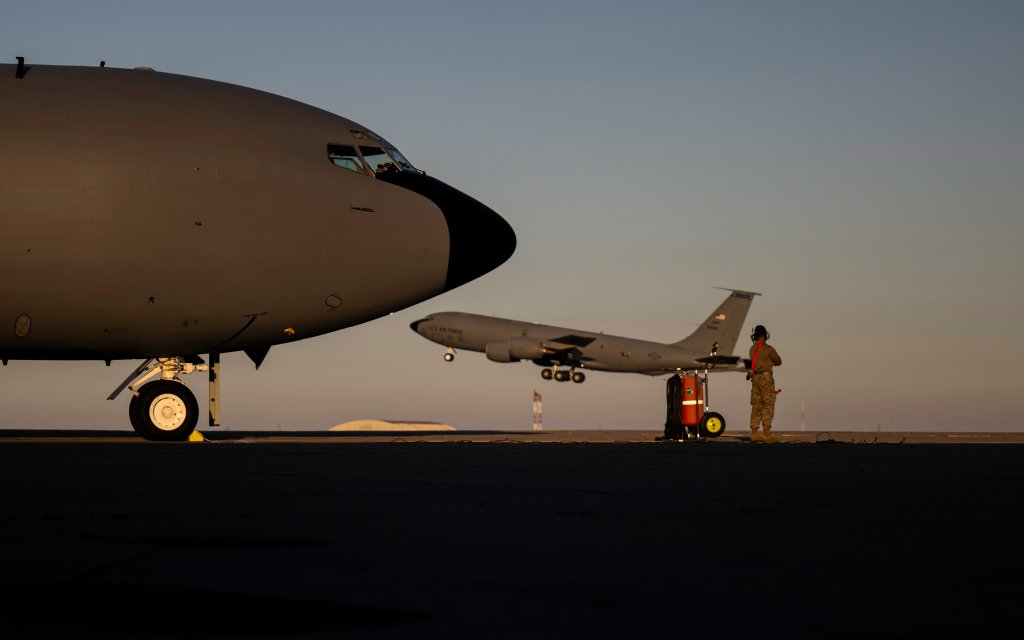 A U.S. Air Force crew chief watches as a KC-135 Stratotanker aircraft takes off from McClellan Airport in Sacramento, California, Aug 5, 2024. As part of the 6th Air Refueling Wing, the 91st ARS operates the KC-135 aircraft conducting air refueling missions necessary to support air mobility missions on a global scale. During Bamboo Eagle, Air Mobility Command assets will support warfighters implementing all-domain combat-power generation from disaggregated basing locations throughout the western part of the U.S., along with distributed command and control, agile logistics, and tactical air-to-air refueling. Bamboo Eagle provides participating units opportunities to highlight Air Force efforts and reoptimize for Great Power Competition and to focus on mission readiness by delivering cross-functional and lethal combat capabilities with the speed and agility required to meet pacing challenges. (U.S. Air Force photo by Tech. Sgt. Alexander Cook)