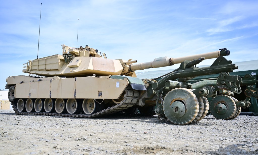 14 July 2023, Bavaria, Grafenwöhr: A U.S. Army M1A1 Abrams tank, photographed with mine roller mounted, as they will be delivered to Ukraine. In Grafenwoehr, the U.S. Army trains members of the Ukrainian armed forces for use on the American M1A1 Abrams tank. Photo: Matthias Merz/dpa (Photo by Matthias Merz/picture alliance via Getty Images)