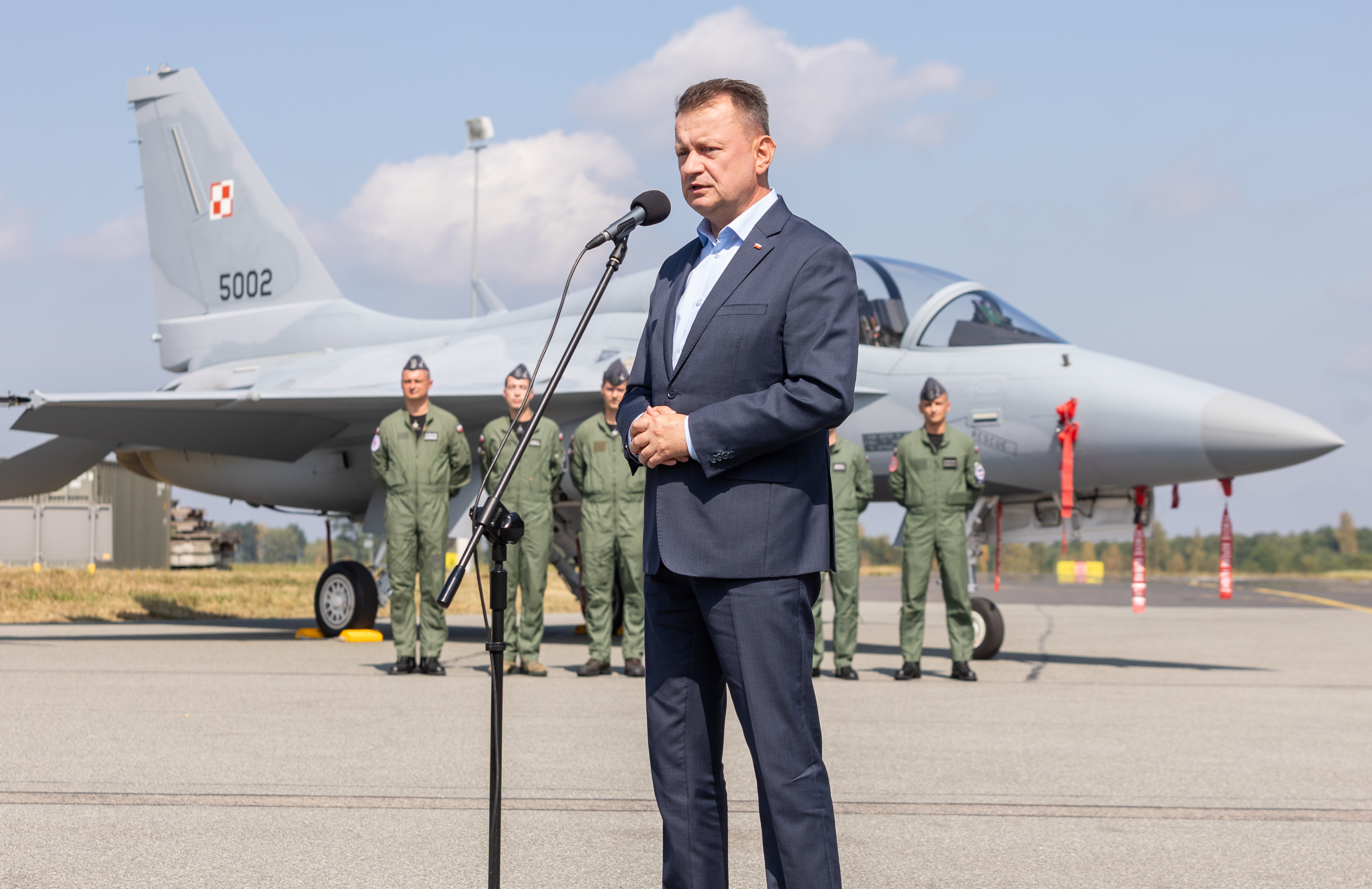 Mariusz Blaszczak, minister of National Defence during presentation of the Polish air force's new FA-50 light combat planes bought from South Korea in Minsk Mazowiecki, Poland on August 21, 2023. (Photo by Foto Olimpik/NurPhoto via Getty Images)