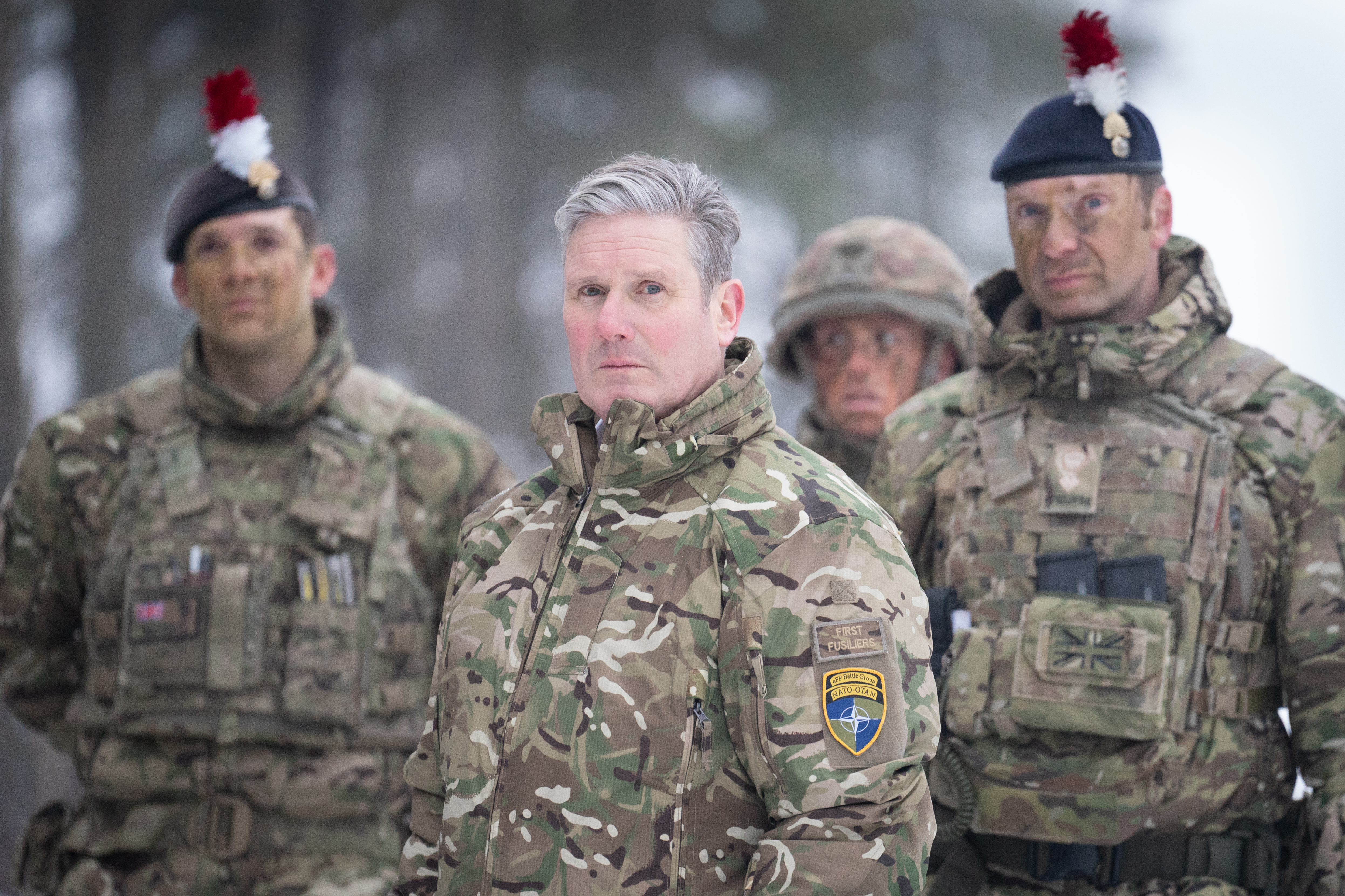 Labour leader Sir Keir Starmer visits the Tapa NATO forward operating base in Estonia close to the Russian border where he and shadow defence secretary John Healey saw exercises and met soldiers deployed with the British Armed Forces. Picture date: Thursday December 21, 2023. (Photo by Stefan Rousseau/PA Images via Getty Images)