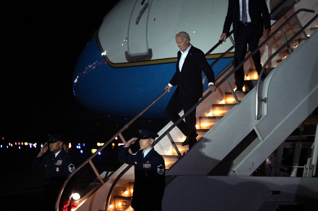 US President Joe Biden arrives at Santa Barbara Airport August 20, 2024, in Santa Barbara, California. Biden is vacationing in Santa Ynez, California. (Photo by Brendan Smialowski / AFP) (Photo by BRENDAN SMIALOWSKI/AFP via Getty Images)