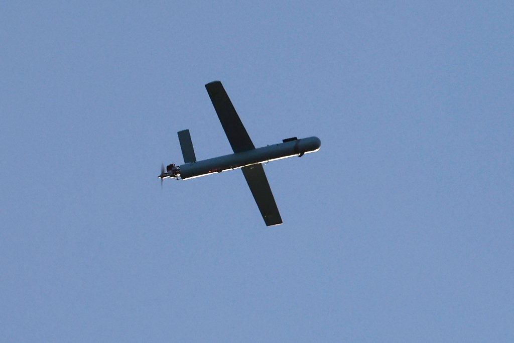 This photo taken from a position in northern Israel shows a Hezbullah UAV over north Israel on August 25, 2024. The Israeli military announced early August 25, 2024 that it was conducting pre-emptive strikes in Lebanon after detecting preparations for "large-scale" attacks by the Iran-backed militant group Hezbollah. Hezbollah said August 25, 2024 it had launched more than 320 rockets at Israel overnight, targeting a string of military positions, even as Israel's military said it was carrying out pre-emptive strikes against the group. (Photo by Jalaa MAREY / AFP) (Photo by JALAA MAREY/AFP via Getty Images)