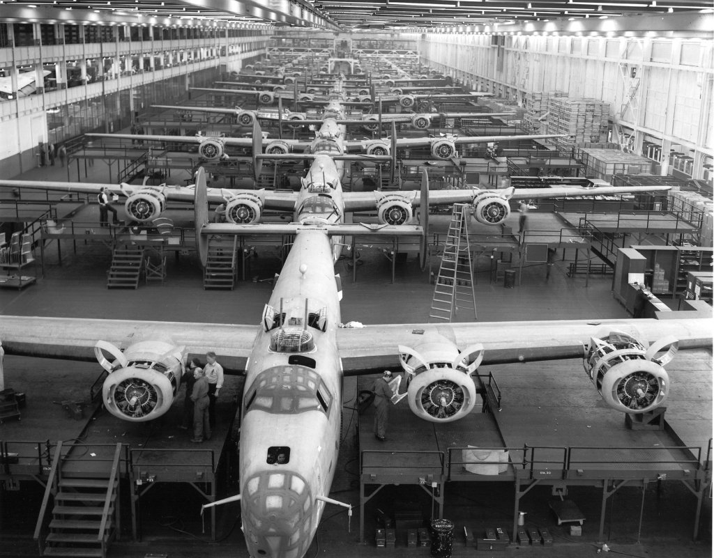 View of the production line of B-24E Liberator bombers at Ford's huge Willow Run plant, Michigan, early to mid 1940s. (Photo by PhotoQuest/Getty Images)