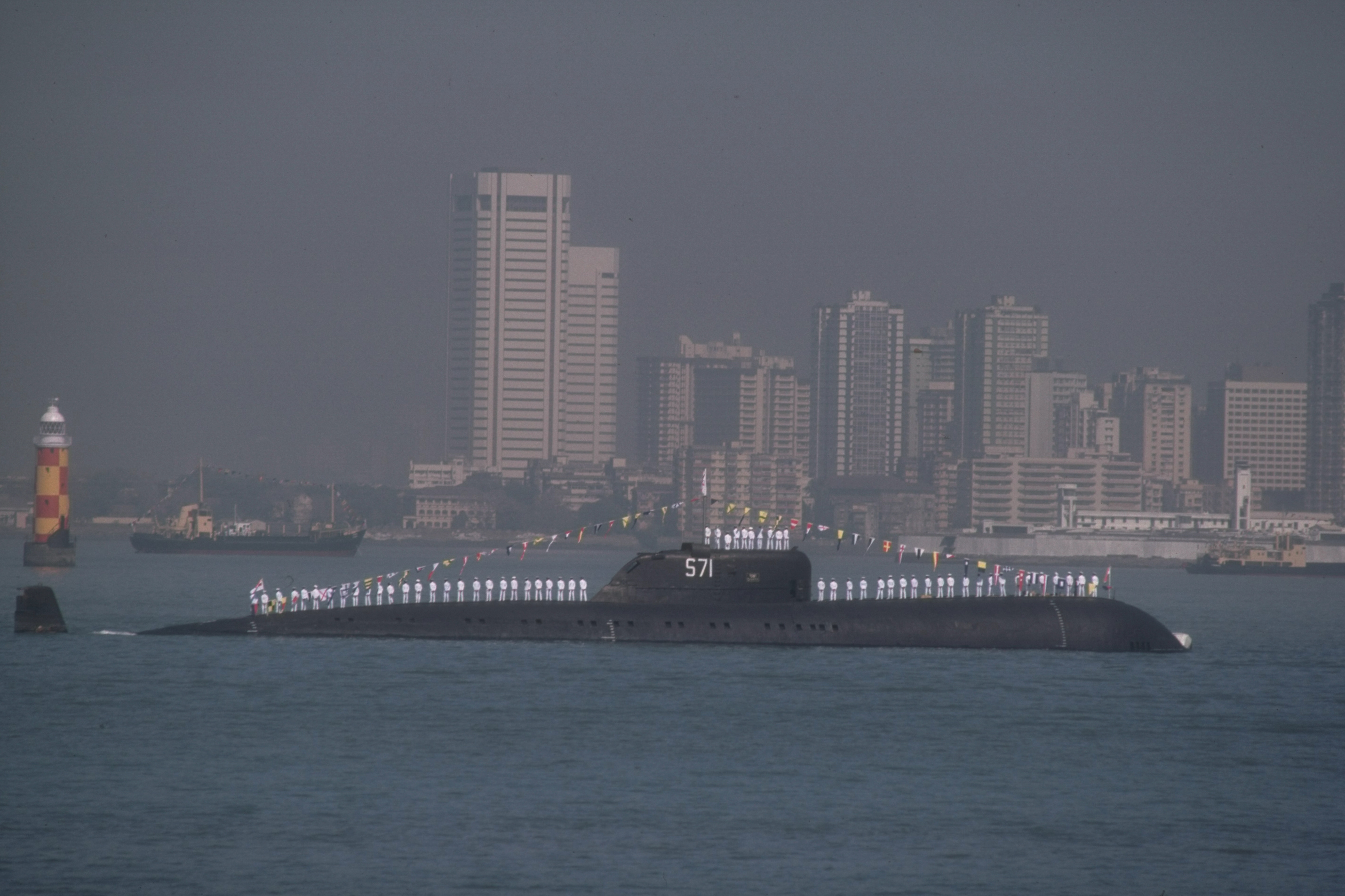 Soviet-built nuclear-powered submarine, Chakra, w. crew standing on top during review of the Indian fleet. (Photo by Robert Nickelsberg/Getty Images)