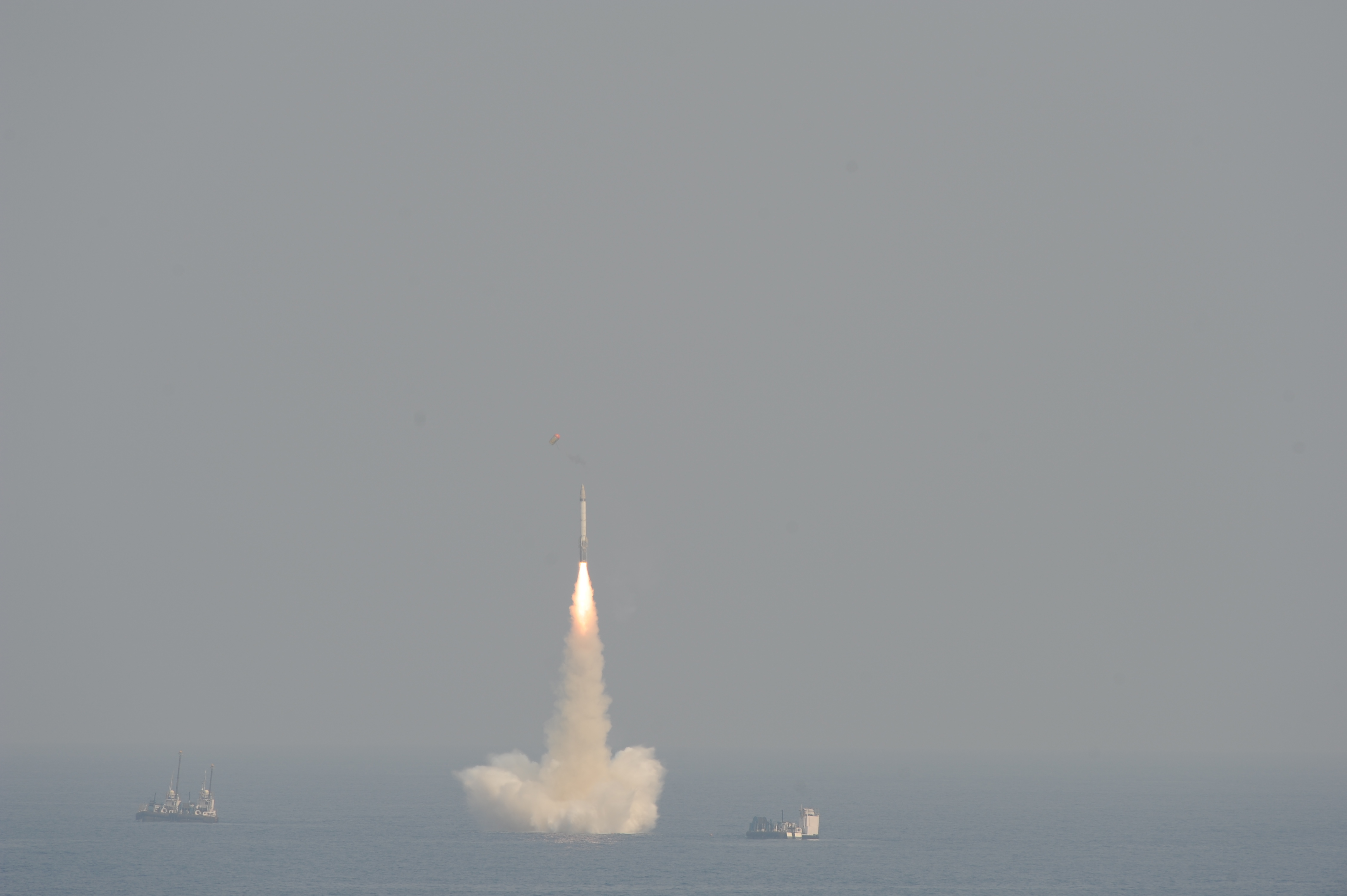 India tested its medium range Submarine Launched Ballistic Missile system, it was launched from a secret location in the Bay of Bengal from a depth of 50 meters. This nuclear capable missile will now be deployed on INS Arihant, India's locally made N-powered submarine. India became the fifth nation to have this potent technology by which it can stealthily hide its nuclear weapons deep in the ocean and strike at will. India calls these Weapons of Peace. It is an intelligent missile (Photo by Pallava Bagla/Corbis via Getty Images)