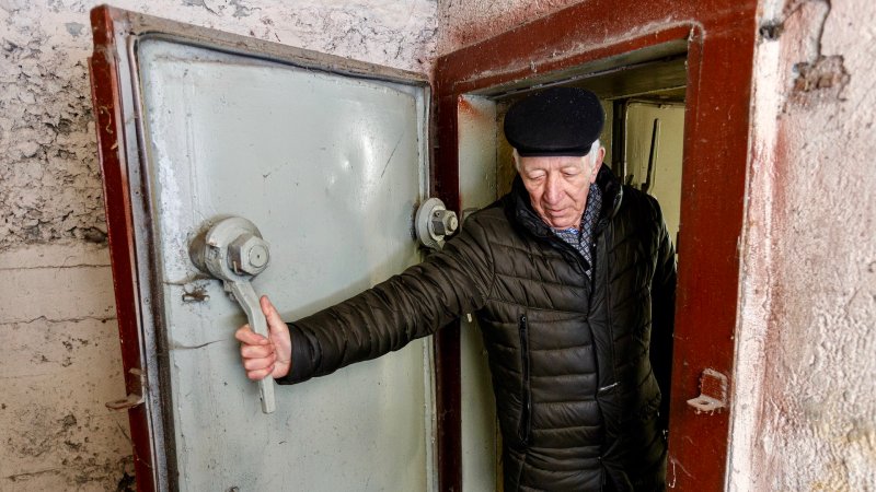 Civil protection expert Anatolii Koboziev shows around the bomb shelter of the Uzhhorod Vodokanal Communal Enterprise, Uzhhorod, Zakarpattia Region, western Ukraine, February 2, 2022. Serhii Hudak/ Ukrinform/Future Publishing via Getty Images.