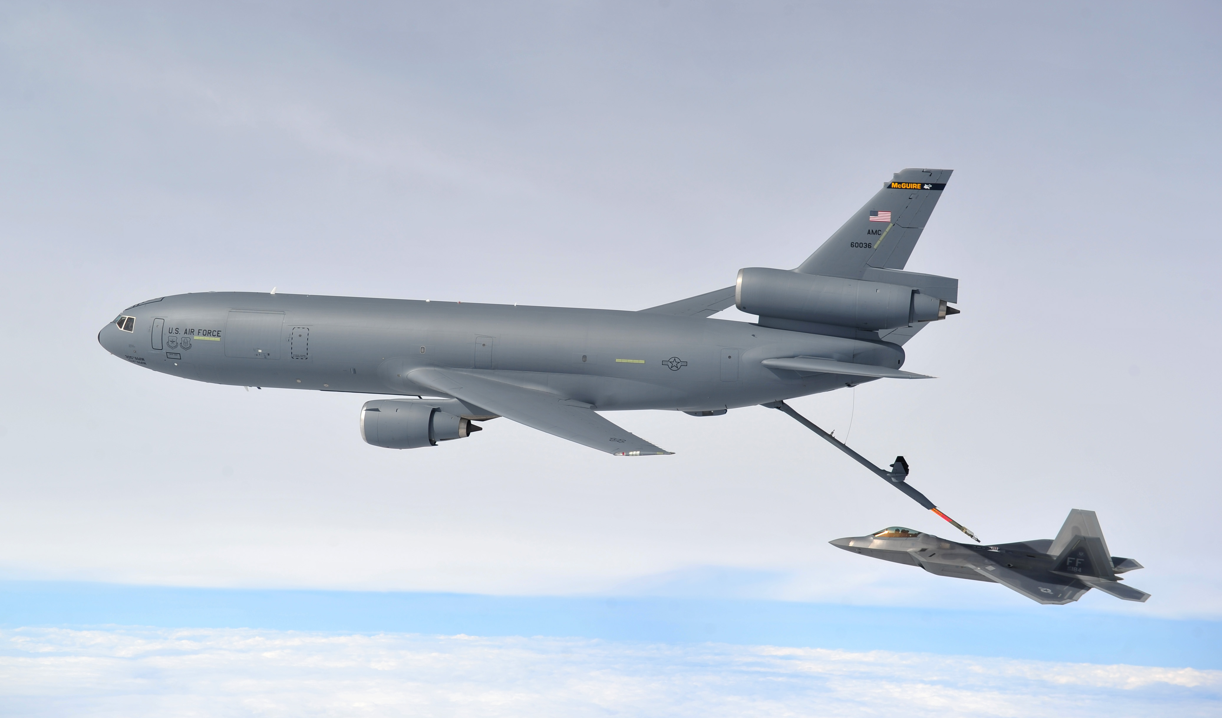 A KC-10 Extender assigned to the 305th Air Mobility Wing, McGuire Air Force Base, New Jersey, refuels an F-22 Raptor assigned to Langley Air Force Base, Va., during Razor Talon at Seymour Johnson AFB, N.C., on Feb. 7, 2013. Razor Talon is an Atlantic Coast monthly large force exercise and joint-unit training opportunity to employ cutting edge operational concepts such as AirSea Battle and Maritime Air Support. (U.S. Air Force photo/Staff Sgt. Andy M. Kin)