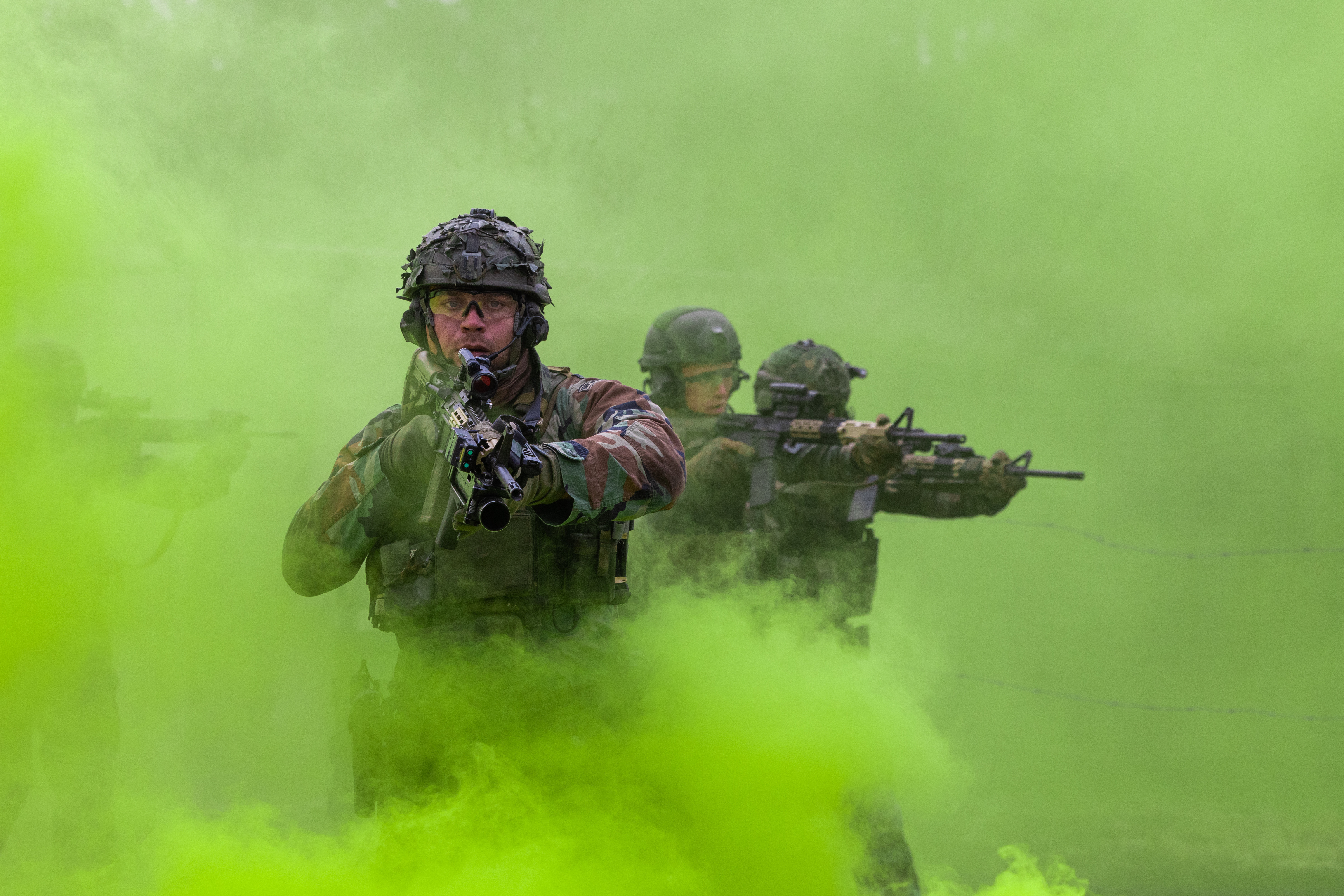 U.S. Marines with 2d Combat Engineering Battalion, 2d Marine Division (MARDIV) and Dutch Marines with Marine Squadron Carib, Netherlands Marine Corps patrol on a breaching range during Exercise Caribbean Urban Warrior on Camp Lejeune, North Carolina, March 13, 2023. Exercise Caribbean Urban Warrior is a bilateral training evolution designed to increase global interoperability between 2d MARDIV and Marine Squadron Carib. (U.S. Marine Corps photo by Lance Cpl. Eric Dmochowski)