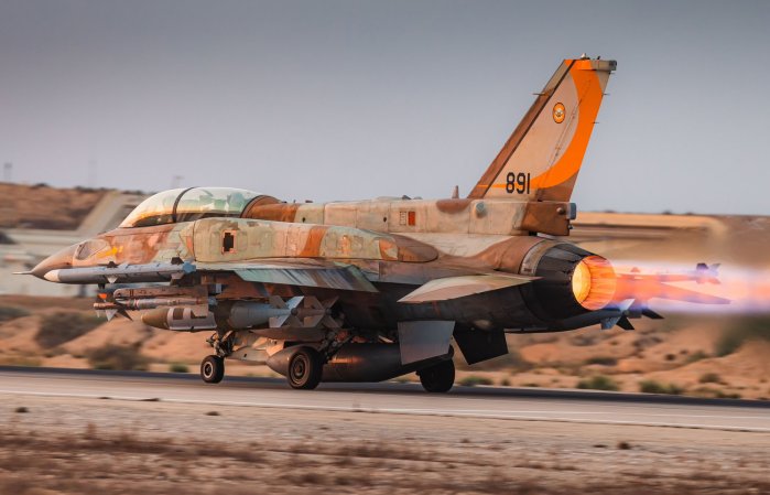 An Israeli F-16I fighter jet taking off at an unidentified location.