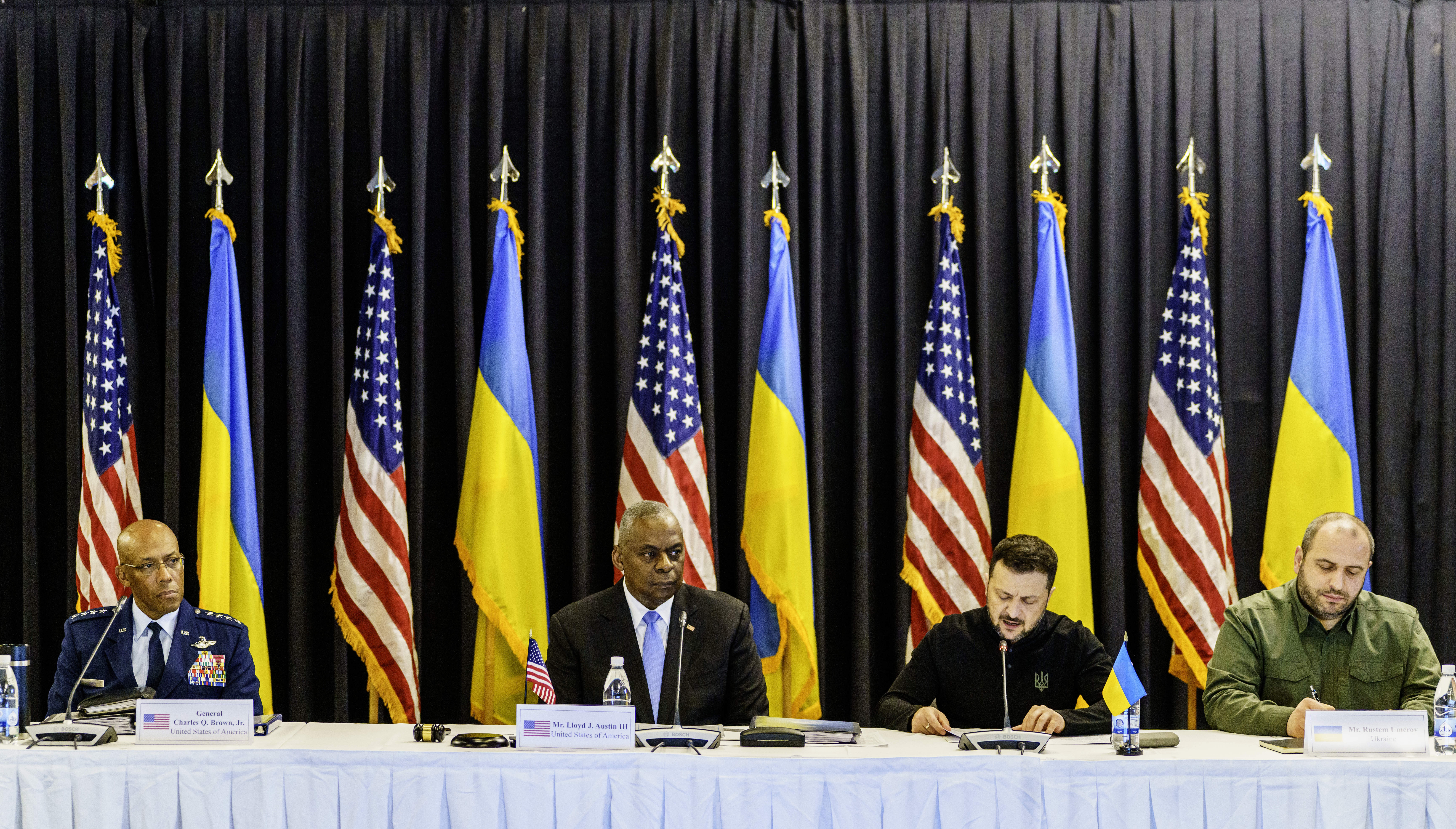 06 September 2024, Rhineland-Palatinate, Ramstein-Miesenbach: Charles Q. Brown Jr. (l-r), Chief of Staff of the US Armed Forces, Lloyd Austin, US Secretary of Defense, Volodymyr Selenskyj, President of Ukraine, and Rustem Umerov, Minister of Defense of Ukraine, take part in the Ukraine Contact Group meeting at Ramstein Air Base. It is expected to be the last time before the US presidential election that Ukraine's Western partners will meet for personal consultations in the Ramstein format. They will discuss arms aid for Ukraine and a perspective for the country attacked by Russia. Photo: Andreas Arnold/dpa (Photo by Andreas Arnold/picture alliance via Getty Images)