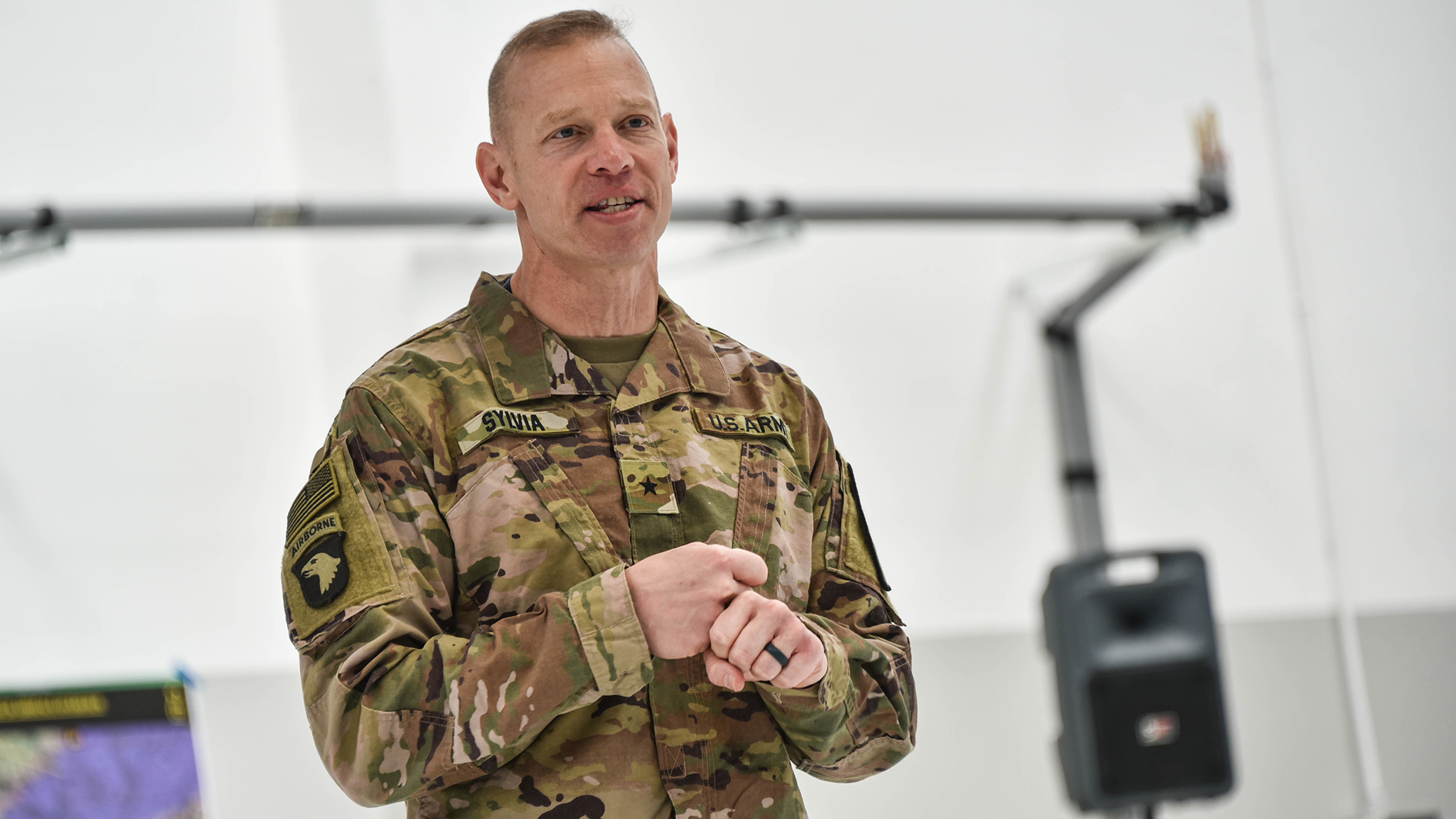 U.S. Army Brig. Gen. Brett G. Sylvia, the 1st Cavalry Division Forward commander, speaks at a combined arms rehearsal at Konotop, Poland, June 6, 2020. Exercise Allied Spirit, a DEFENDER-Europe 20 linked exercise, originally scheduled for May, takes place at Drawsko Pomorskie Training Area, Poland, June 15-19, 2020. Approximately 6,000 U.S. and Polish Soldiers are taking part in the exercise. The modified exercise will test a division-sized unit's ability to conduct a deliberate water crossing, integrate with alliance capabilities, and establish a common intelligence operation picture. The exercise, modified in response to COVID-19, operates in accordance with the guidance directed by DoD and host nations. All U.S. Soldiers and civilians involved in the exercise completed a 14-day quarantine and were tested for COVID-19 upon arrival with additional health screenings if necessary. For more information about Allied Spirit and DEFENDER-Europe, visit www.eur.army.mil/DefenderEurope. (U.S. Army photo by Spc. Javan Johnson)