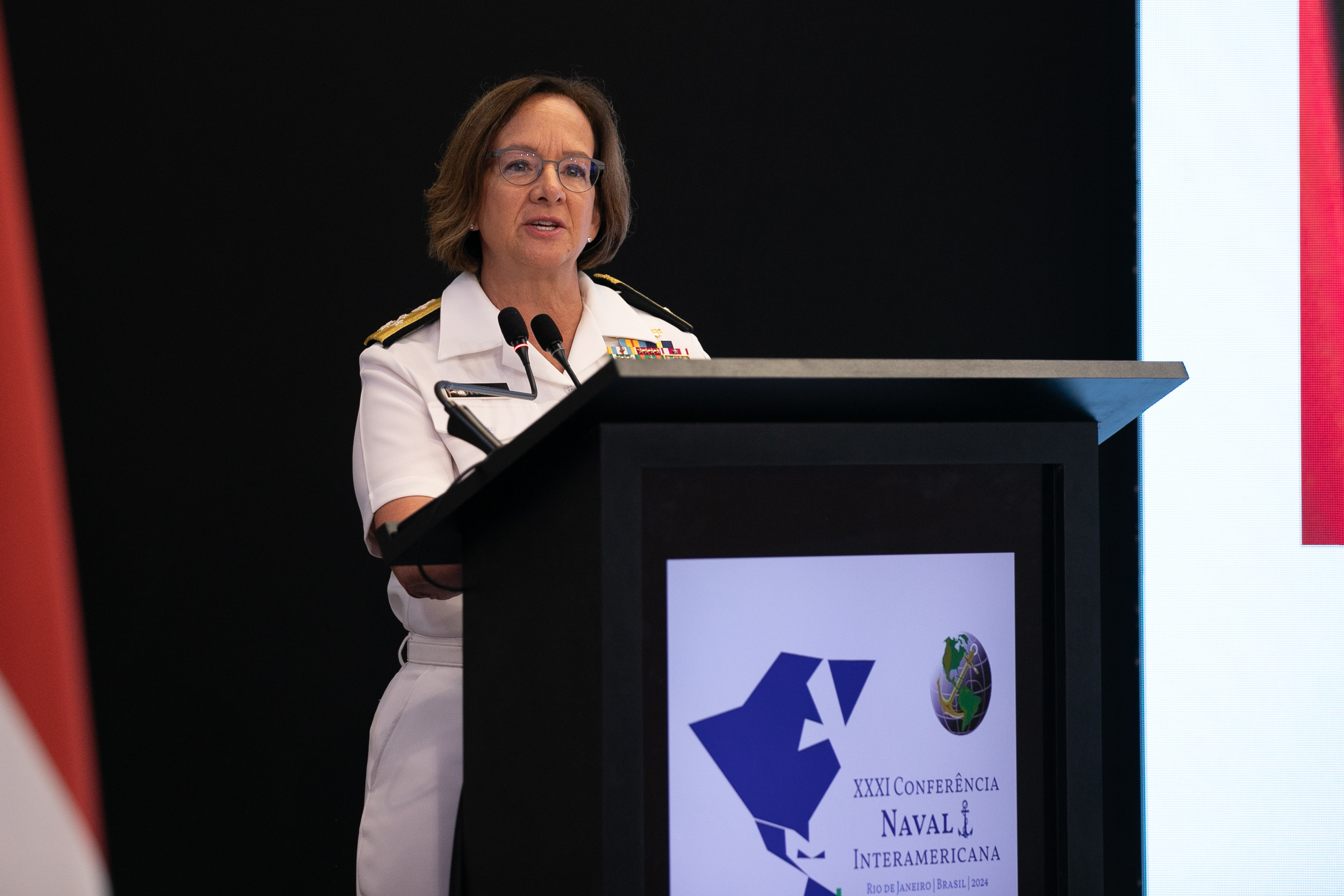 Chief of Naval Operations Adm. Lisa Franchetti delivers remarks during the Inter-American Naval Conference (IANC), in Rio de Janeiro, Brazil, September 24, 2024. IANC was established in 1959 to strengthen the bonds of friendship, partnership, and collaboration among Western Hemisphere naval leaders through the exchange of ideas and knowledge. (U.S. Navy photo by Senior Chief Mass Communication Specialist Elliott Fabrizio/released)