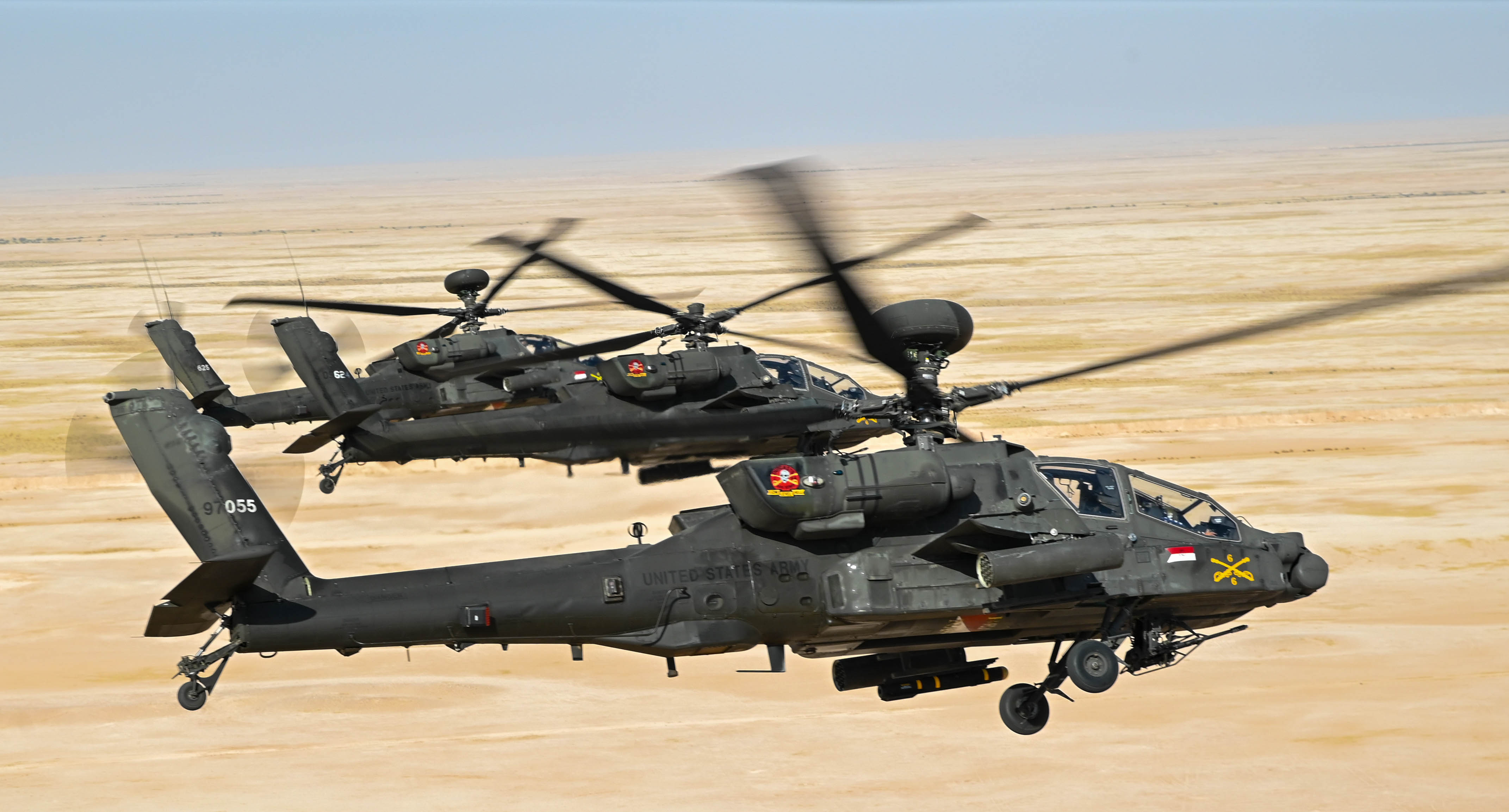 Three U.S. Army AH-64 Apaches fly in a holding pattern at Red Sands IEC in the CENTCOM AOR Sept. 23, 2024. (U.S. Army photo by Spc. Dean John Kd De Dios)