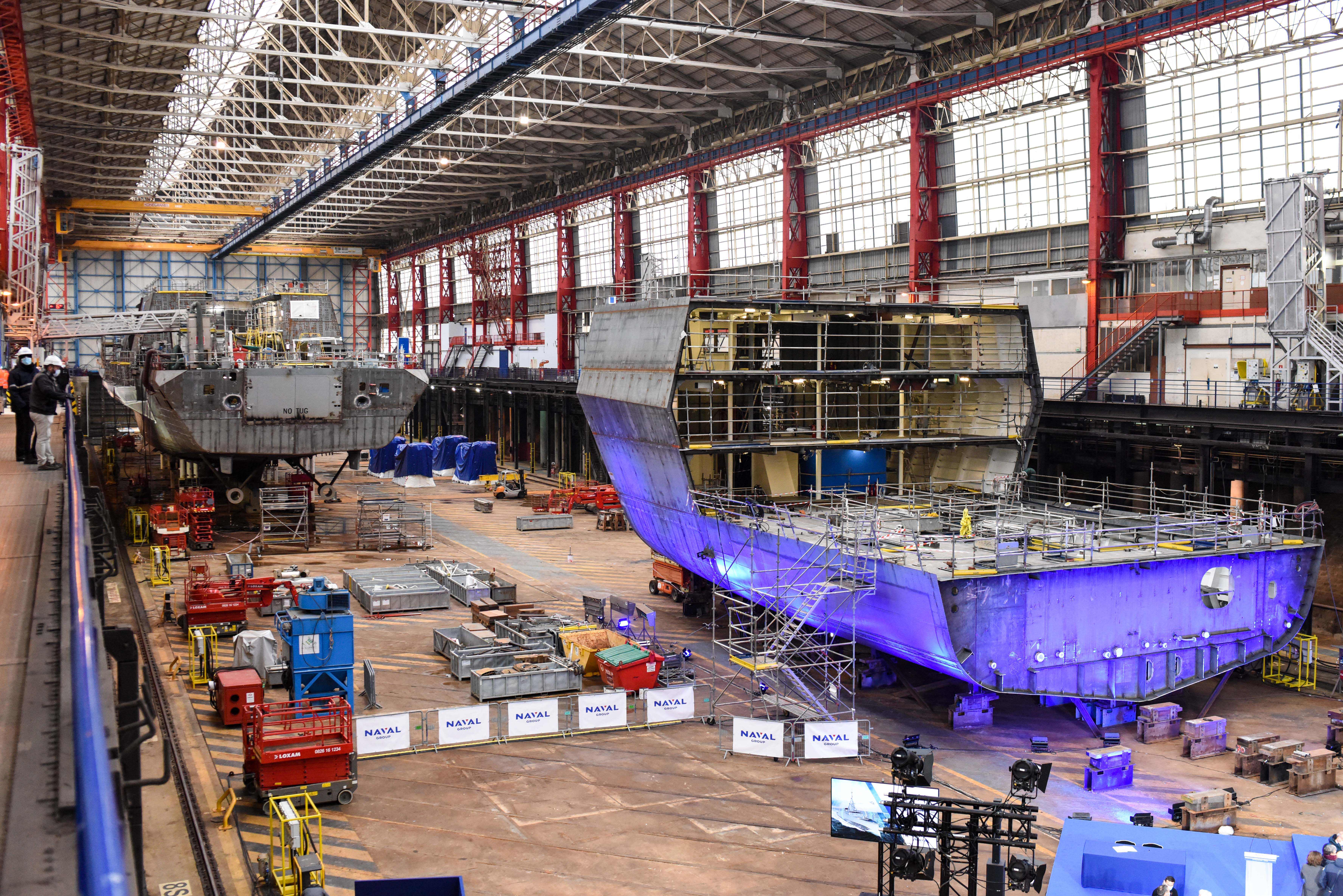 This photograph taken on December 16, 2021 shows a part of a frigate during the laid down ceremony of the first Defence and Response Frigate (FDI) at Naval Group plant in Lorient, western France. - The first new generation frigate to be launched at Naval Group's Lorient shipyard (Photo by Sebastien SALOM-GOMIS / AFP) (Photo by SEBASTIEN SALOM-GOMIS/AFP via Getty Images)