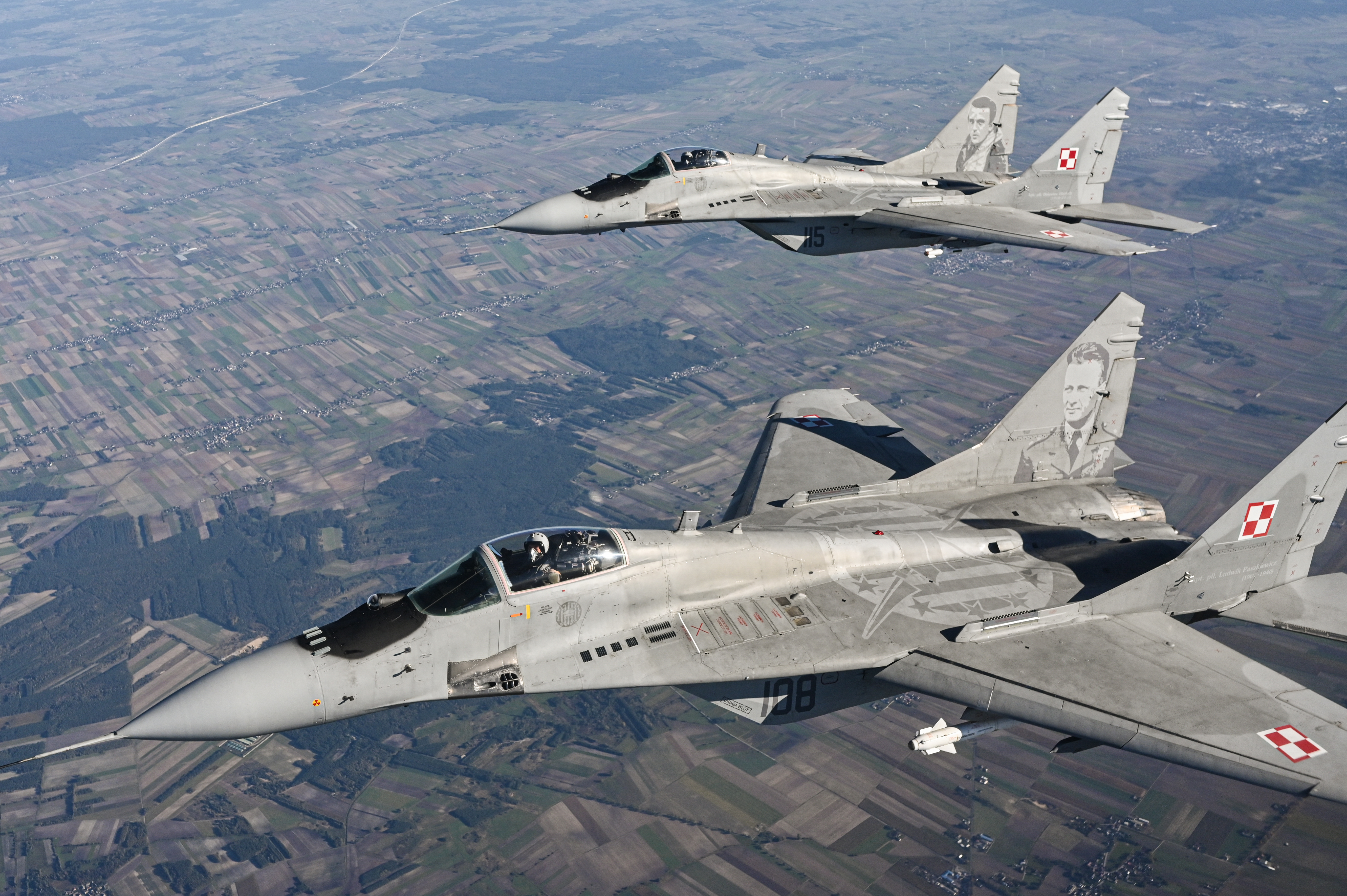 LASK, POLAND - OCTOBER 12: Mikoyan MIG-29 fighter jets of the Polish Air Force take part in a NATO shielding exercise at the Lask Air Base on October 12, 2022 in Lask, Poland. NATO's Allied Air Command, the Polish Air Force and the United States Air Force demonstrated the modern aircraft capabilities of Polish F-16s and the U.S. F-22s. As the Russian Invasion of Ukraine continues, NATO member Poland has been investing in new military equipment and various NATO allies' troops are now stationed in the country. (Photo by Omar Marques/Getty Images)