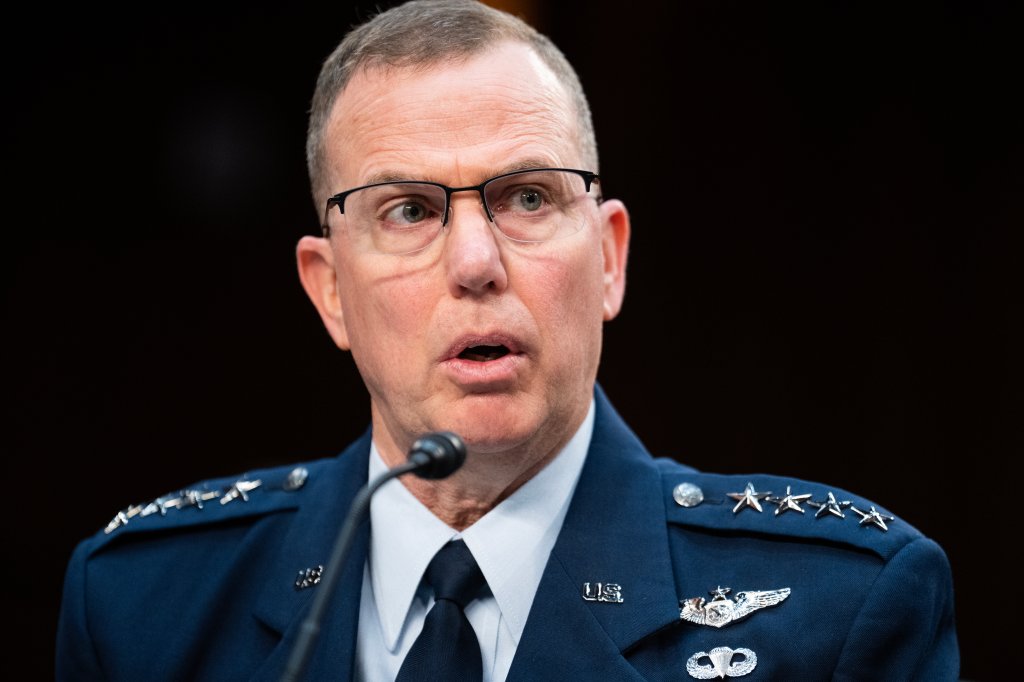 UNITED STATES - MARCH 14: Air Force Gen. Gregory M. Guillot, commander, U.S. Northern Command and North American Aerospace Defense Command, testifies during the Senate Armed Services Committee hearing on the Review of the Defense Authorization Request for Fiscal Year 2025 and the Future Years Defense Program, in Hart building on Thursday, March 14, 2024. Army Gen. Laura J. Richardson, commander, U.S. Southern Command, also testified. (Tom Williams/CQ-Roll Call, Inc via Getty Images)