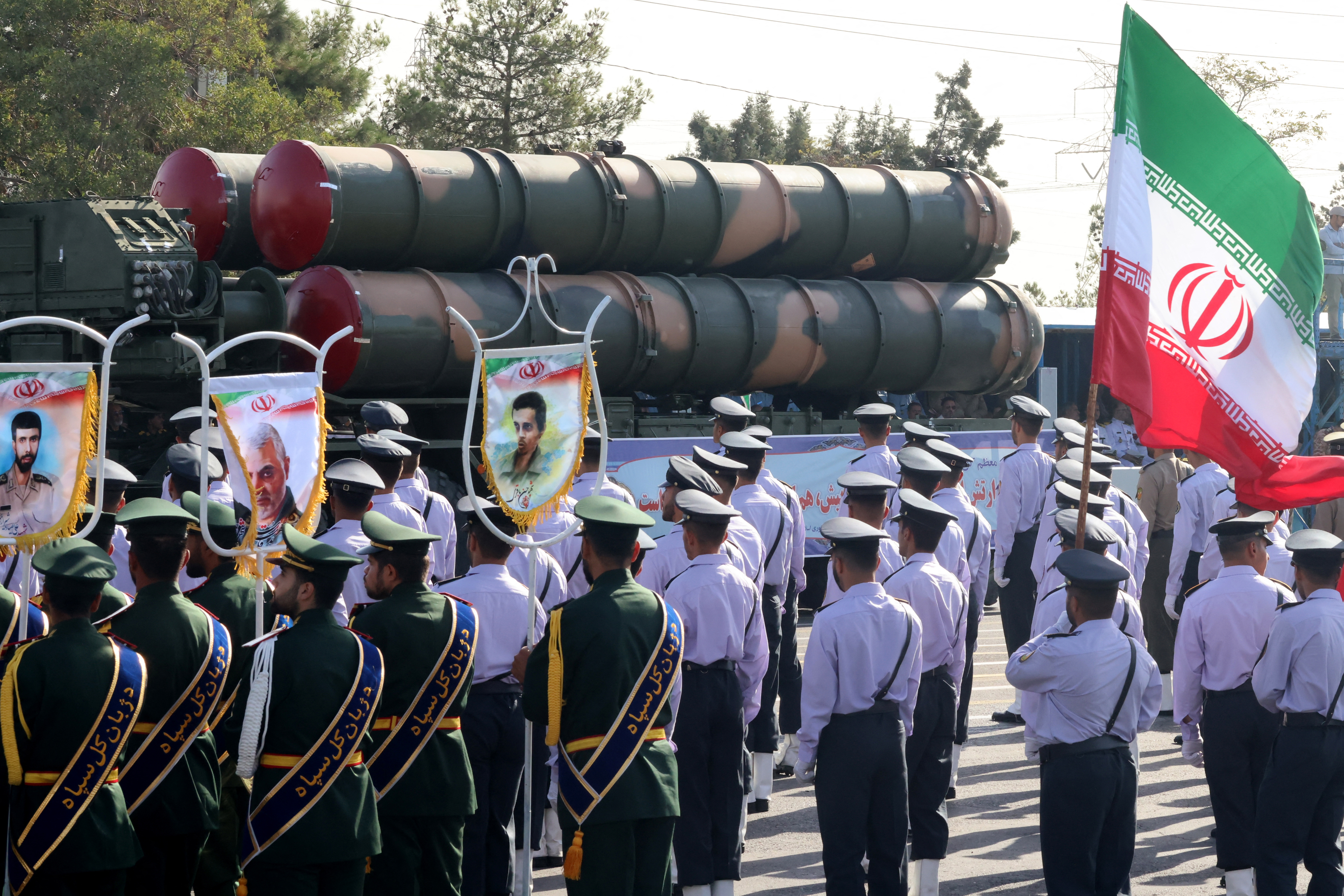 An Iranian military truck carries parts of the S-300 air defence missile system during the annual military parade marking the anniversary of the outbreak of the 1980-1988 war with Saddam Hussein's Iraq, in Tehran on September 21, 2024. (Photo by ATTA KENARE / AFP) (Photo by ATTA KENARE/AFP via Getty Images)