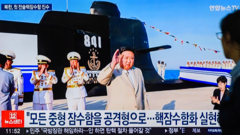 A TV screen shows an image of North Korean leader Kim Jong Un at a ceremony on September 6 to celebrate the launch of a newly built "tactical nuclear attack submarine" during a news program at the Yongsanl Railway Station. North Korea has launched a newly built "tactical nuclear attack submarine" capable of carrying out an underwater nuclear attack, with leader Kim Jong Un vowing to "further strengthen the state nuclear deterrence," the North's state media said on September 8. (