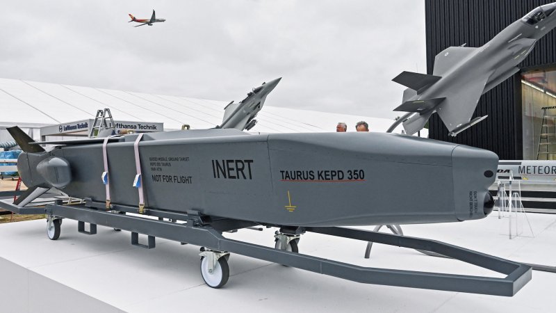 A TAURUS (Target Adaptive Unitary and dispensor Robotic Ubiquity System) KEPD 350 air-launched cruise missile, is on display during the press presentation at the International Aerospace Exhibition (ILA) in Schoenefeld, near Berlin, on June 3, 2024. The Aerospace Exhibition on aerospace industry, including aviation, space and defence, takes place at Schoenefeld Airport near Berlin and runs from June 5 to 9, 2024.