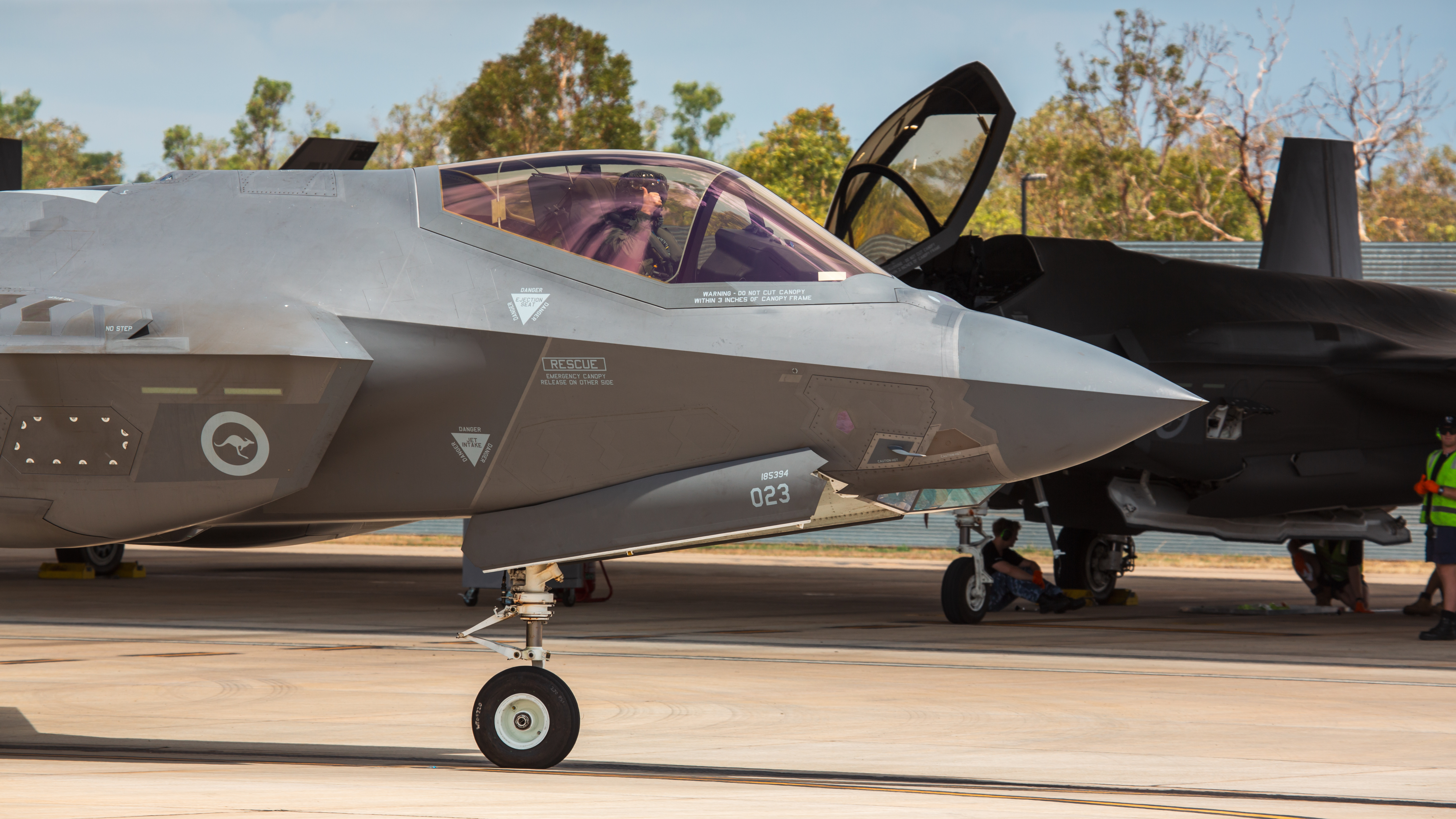 A F-35A Lightning II from No. 75 Squadron taxis at RAAF Base Tindal, Northern Territory, during Trial Swagman. *** Local Caption *** EA-18G Growlers from No. 6 Squadron joined F-35A Lightning IIs from No. 75 Squadron at RAAF Base Tindal, Northern Territory, to conduct an Electronic Warfare activity called Trial Swagman. The activity was coordinated by Spectrum Warfare Directorate and utilised the vast NT airspace, including Delamere Air Weapons Range, to test new Electronic Warfare countermeasures for the EA-18G and F-35A aircraft. Tindal provides efficient resources to evaluate new technologies, and the data analytics from this activity will improve the survivability of air combat aircraft in contested environments.