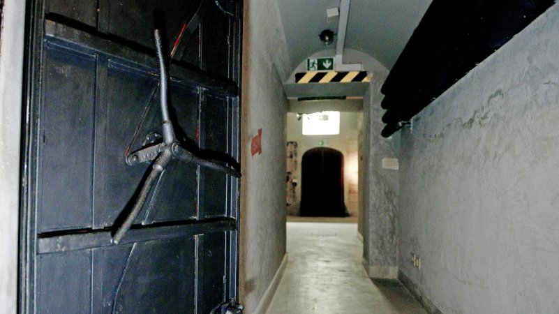 ROME, ITALY - APRIL 4: The interiors of the air raid shelter and Mussolini's Bunker at Villa Torlonia set up with blow-ups of daily life under the bombings of Rome, historical videos, artefacts and photos of Benito Mussolini, on April 4, 2024 in Rome, Italy. After a careful restoration and the creation of a new multimedia itinerary, Mussolini's air raid shelter and bunker at Villa Torlonia reopen to the public. Villa Torlonia served as the Roman residence for Benito Mussolini and his family from 1929 to 1943. As Italy entered the war in 1940, in response to the looming threat of aerial bombings, the Duce commissioned the construction of three underground shelters beneath the Casino Nobile for protection. (Photo by Simona Granati - Corbis/Corbis via Getty Images)