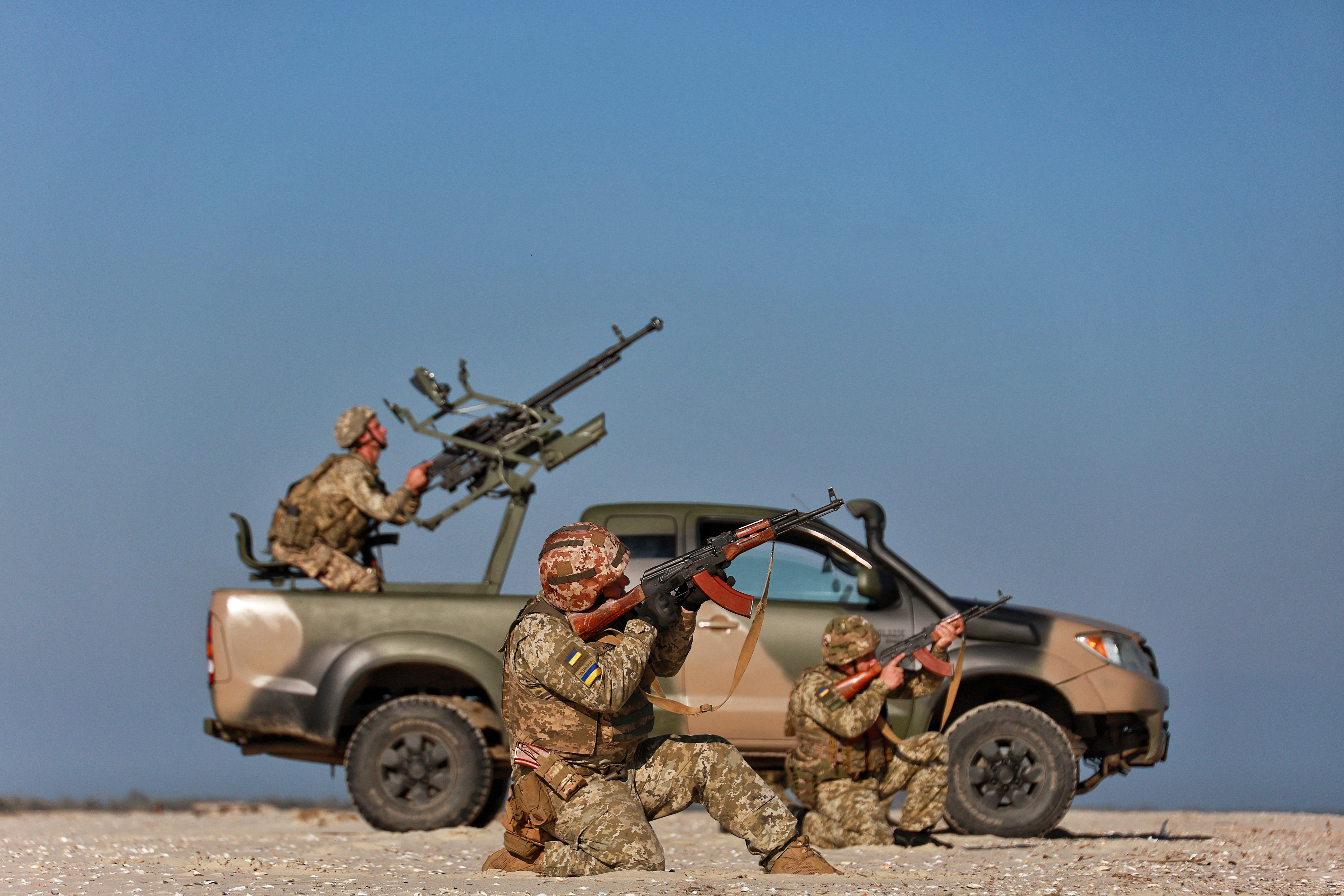 Servicemen of a mobile fire group of the State Border Guard Service of Ukraine are on a mission in Odesa region, southern Ukraine, on October 10, 2024. (Photo by Ukrinform/NurPhoto via Getty Images)