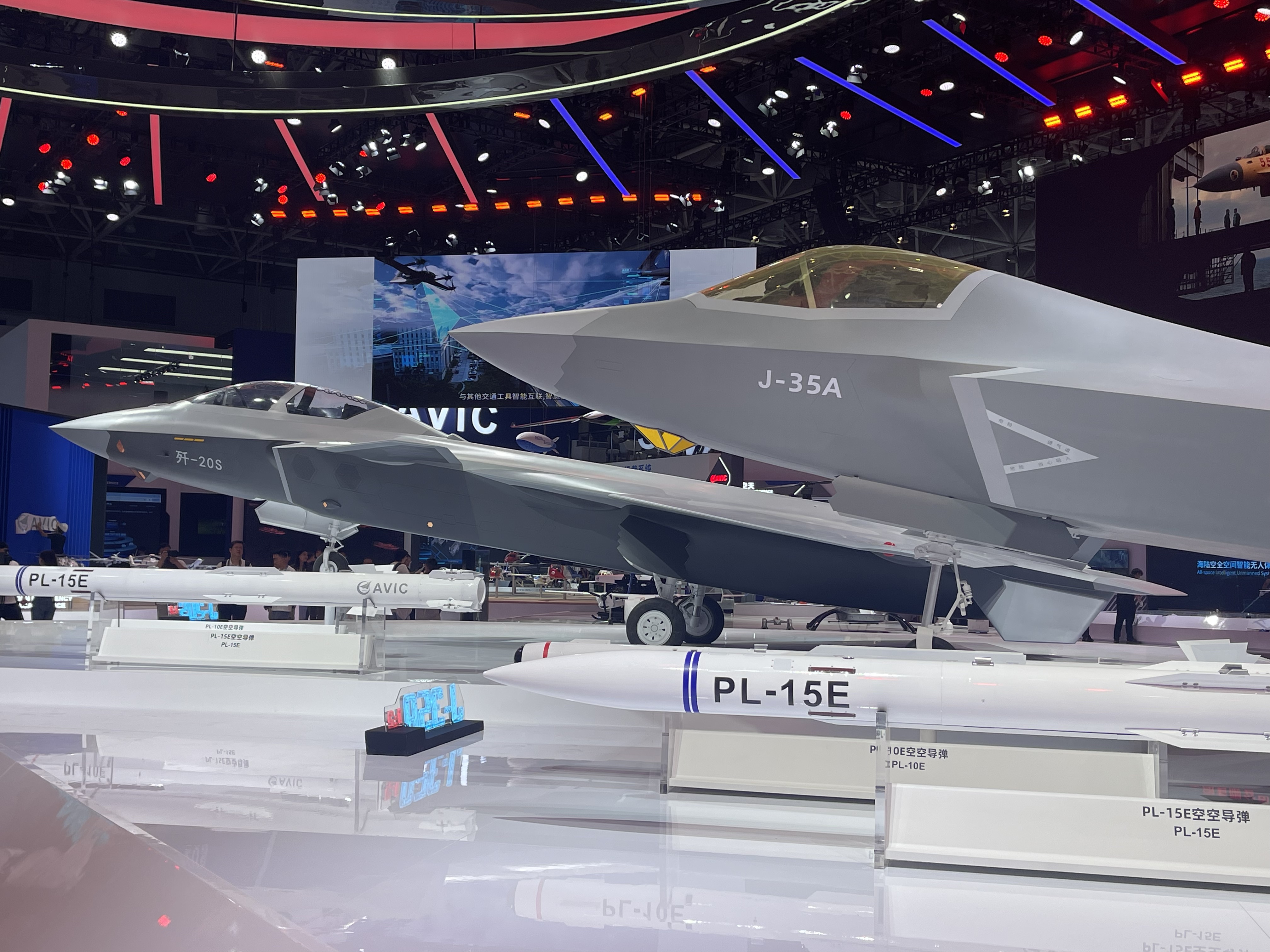 ZHUHAI, CHINA - NOVEMBER 10: Scale models of the J-35A stealth fighter jet and the J-20S two-seat stealth fighter jet are on display at the exhibition hall of the state-owned Aviation Industry Corporation of China (AVIC) at the Airshow China 2024 on November 10, 2024 in Zhuhai, Guangdong Province of China. The 15th China International Aviation and Aerospace Exhibition, also known as Airshow China, will be held in Zhuhai from November 12 to November 17. (Photo by Ruan Yulin/China News Service/VCG via Getty Images)