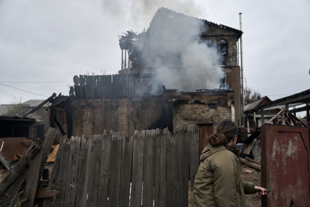 POKROVSK, UKRAINE - NOVEMBER 16: Smoke rises from a fire at a house in the middle of the city, approximately 10 km from the frontline, on November 16, 2024 in Pokrovsk, Ukraine. (Photo by Kostiantyn Liberov/Libkos/Getty Images)