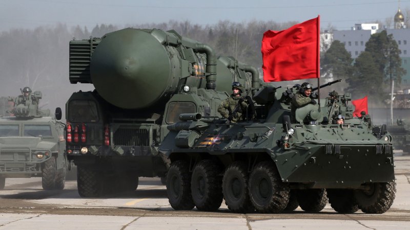 A RS-24 Yars intercontinental ballistic missile vehicle during the rehearsals for the Victory Day Military Parade at the polygon, on April 18, 2022 in Alabino, outside of Moscow, Russia. About 12,000 soldiers and officers are expected to take pat at the Red Square Victory Day Military Parade, planned on May 9.