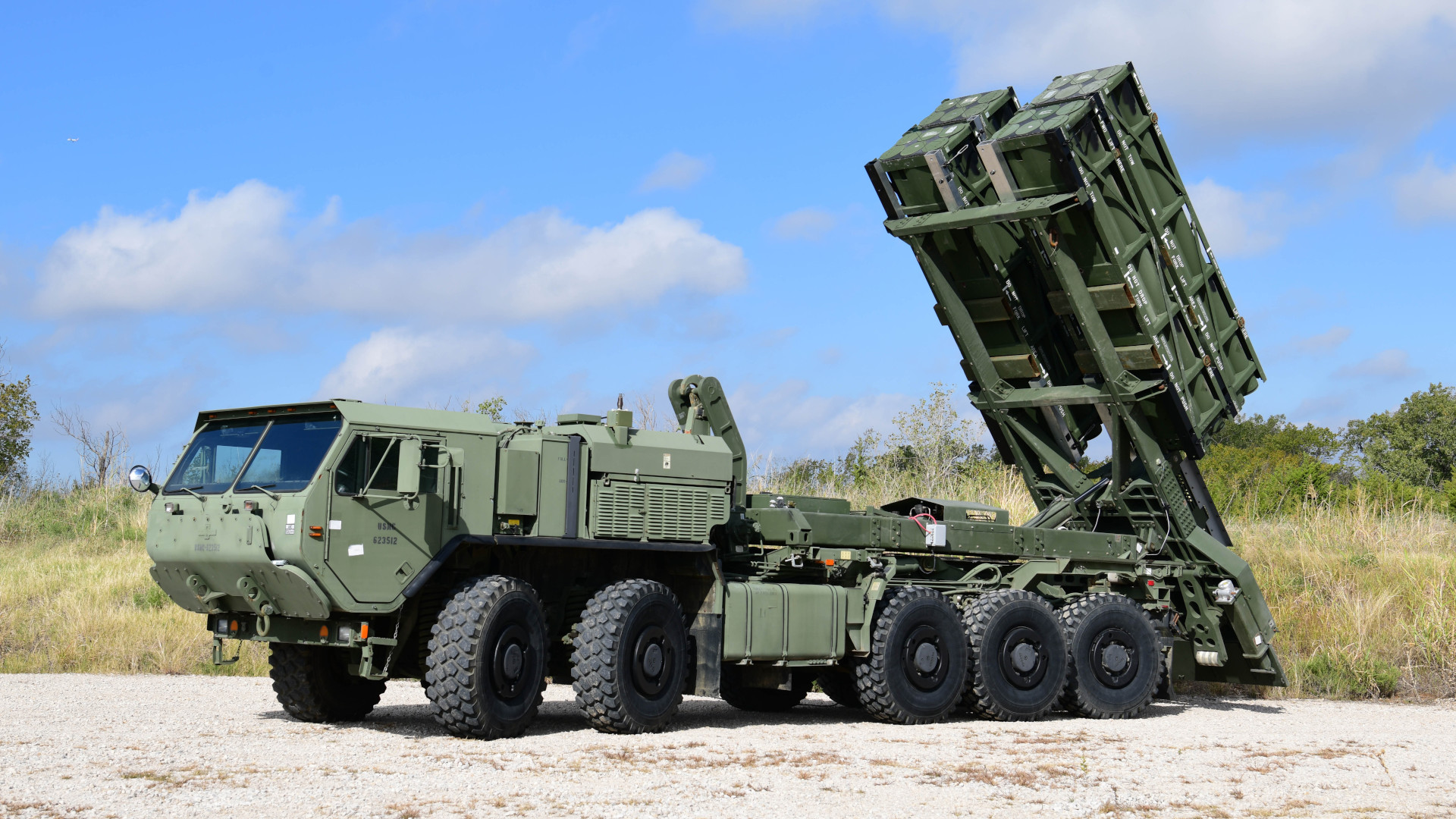 A new palletized ground-based launcher concept that can be loaded with up to two dozen 227mm guided artillery rockets at a time – four times what an M142 High Mobility Artillery Rocket System (HIMARS) can pack at once – recently broke cover.