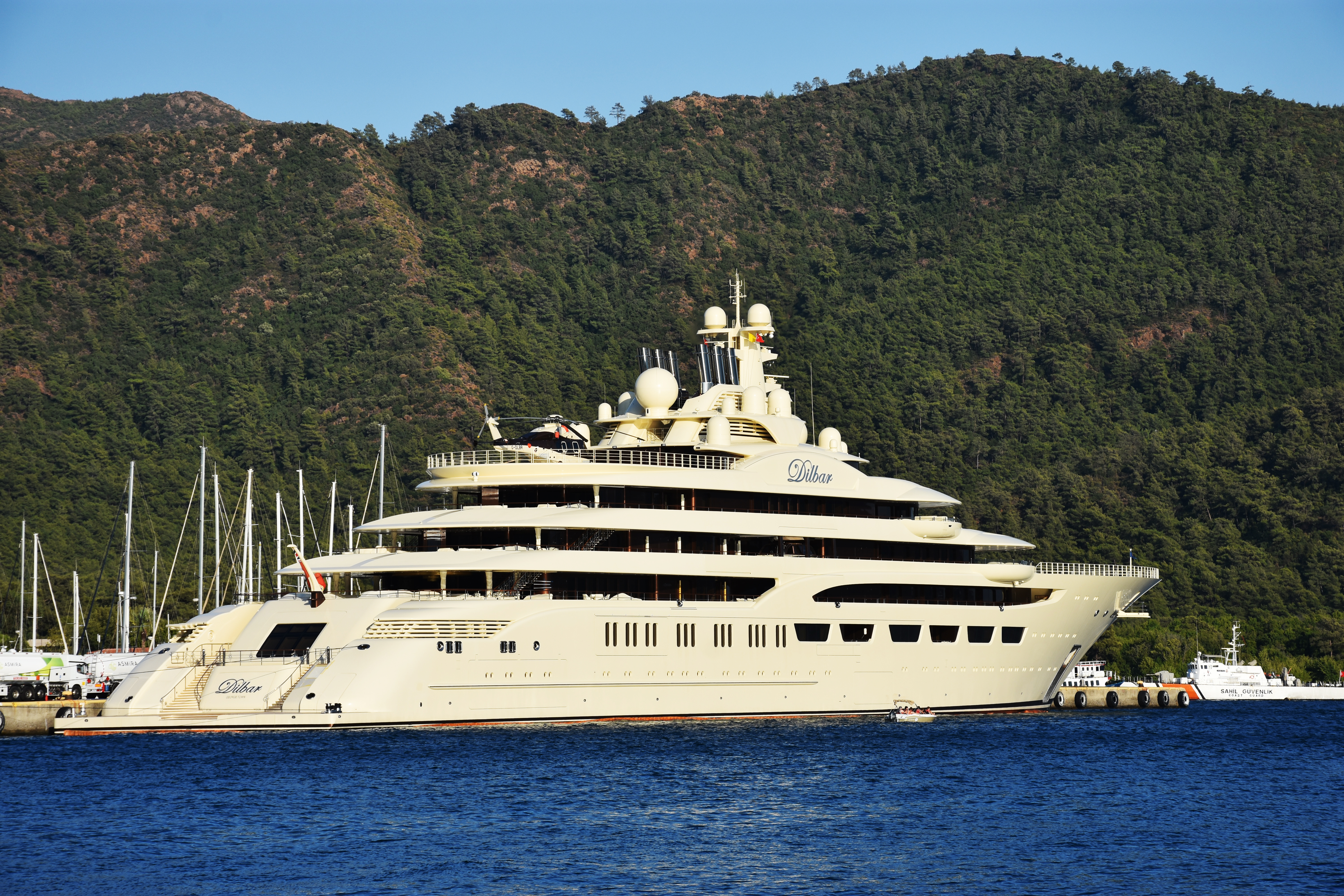 MUGLA, TURKIYE - (ARCHIVE): A file photo dated September 10, 2018 shows mega yacht named "Dilbar" belonging to Uzbek-born Russian business-magnate Alisher Usmanov as it refuels by a tanker in Mugla, Turkiye. Germany seizes Russian billionaire Usmanov's yacht at Port of Hamburg. (Photo by Sabri Kesen/Anadolu Agency via Getty Images)