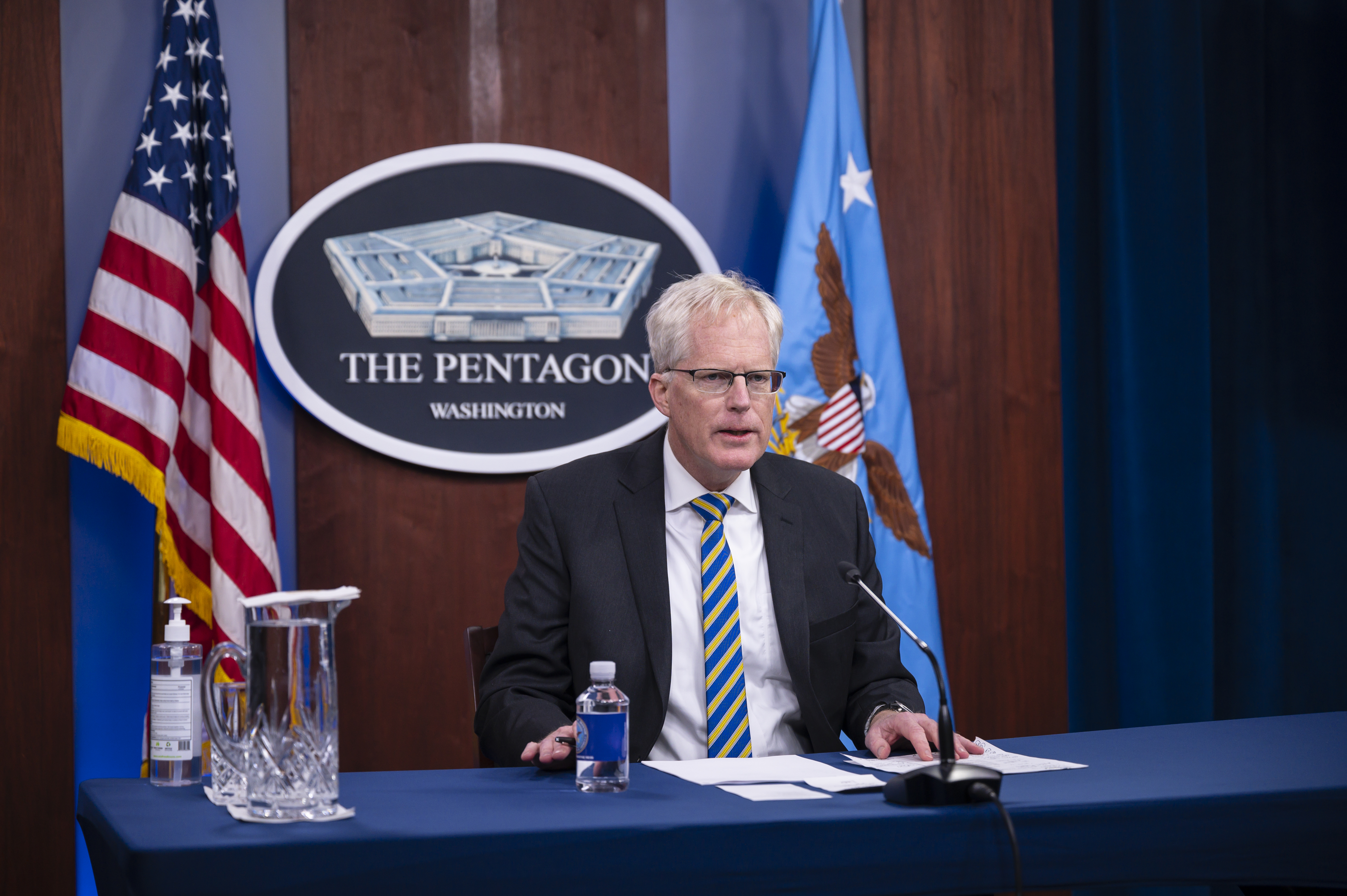 Reportage: Acting Defense Secretary Chris Miller speaks via video conference to Gold Star Families, the Pentagon, Washington, D.C, Jan. 5, 2021. (Photo by: HUM Images/Universal Images Group via Getty Images)