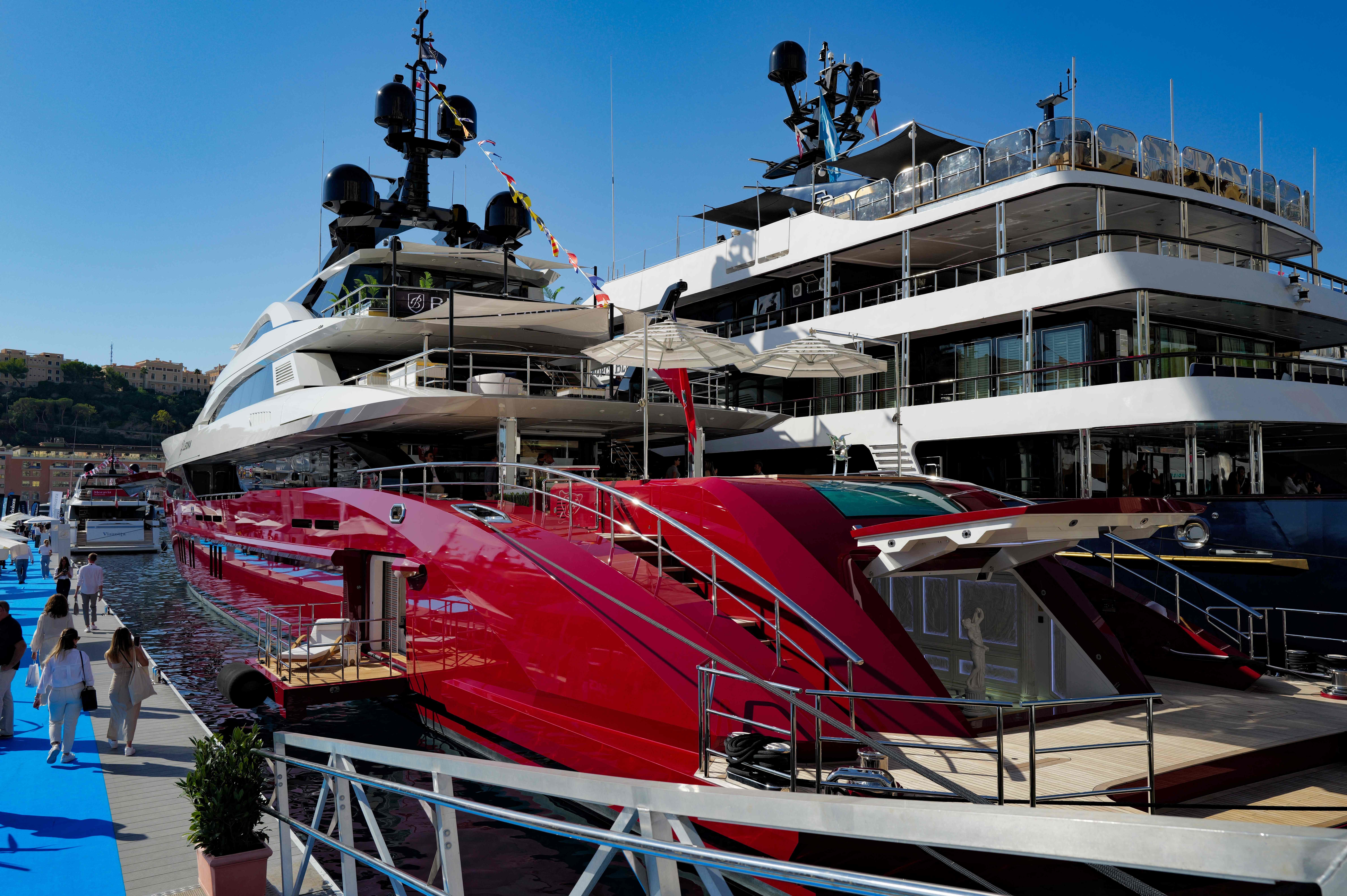 This photo shows moored yachts at the Hercules Port during the 32nd edition of the International Monaco Yacht Show in Monaco, on September 27, 2023. The Monaco Yacht Show is considered the most prestigious pleasure boat show in the world with the exhibition of 500 major companies in luxury yachting and featuring over a hundred super and megayachts. (Photo by Valery HACHE / AFP) (Photo by VALERY HACHE/AFP via Getty Images)