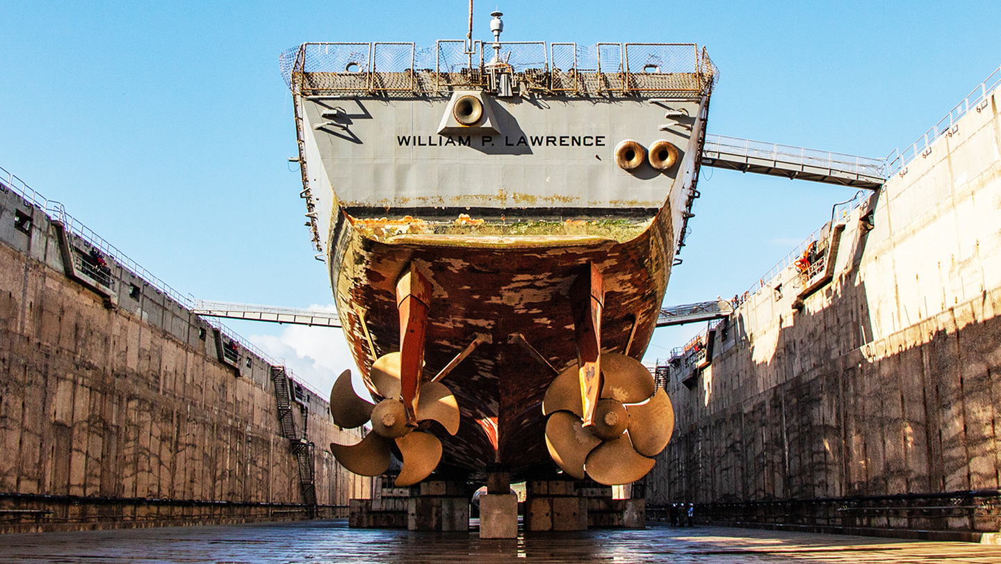 US Navy ship in maintenance.