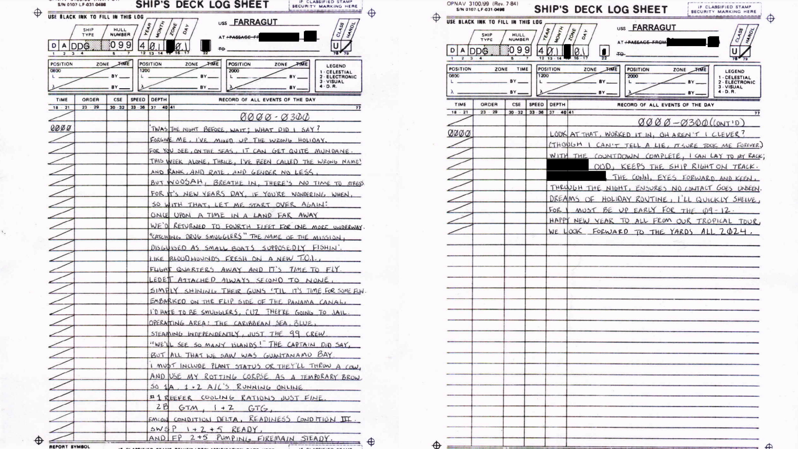 The deck log from the USS Farragut (DDG-99).