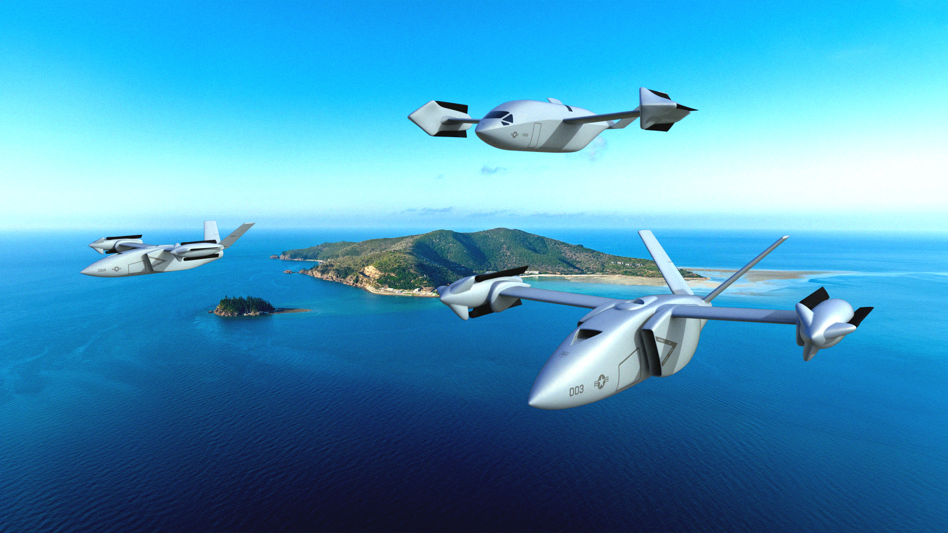 Bell has released a rendering showing updated design concepts for vertical takeoff and landing-capable crewed and uncrewed aircraft that feature wingtip rotors that fold away during level flight.