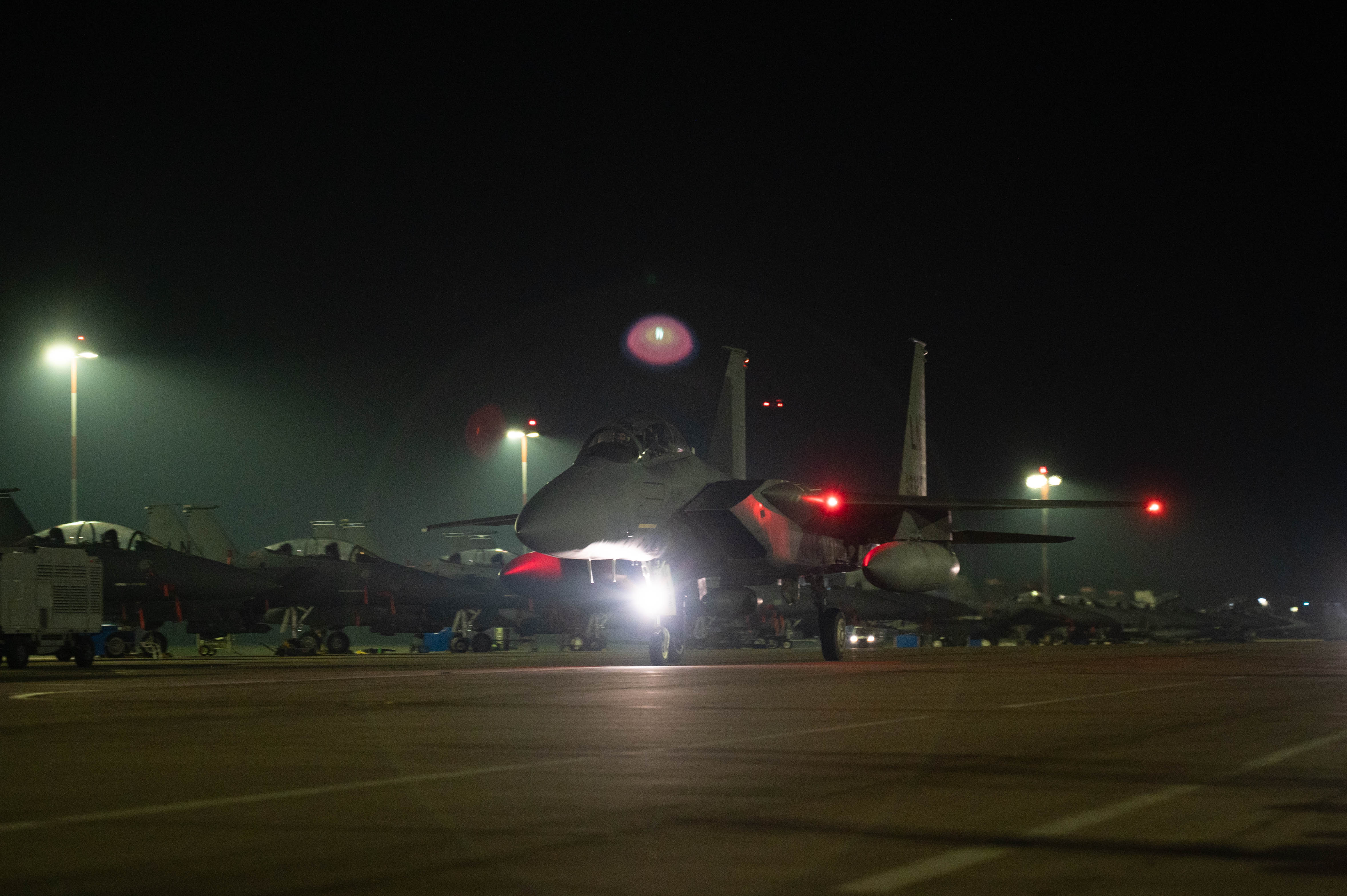 A U.S. Air Force F-15E Strike Eagle aircraft arrives at RAF Lakenheath, England Jan. 15, 2025. The F-15E Strike Eagles aircraft are equipped with the Eagle Passive/Active Warning and Survivability System marking the delivery of the first F-15E’s integrated with one of the world’s most advanced electronic warfare suites in the European theater.