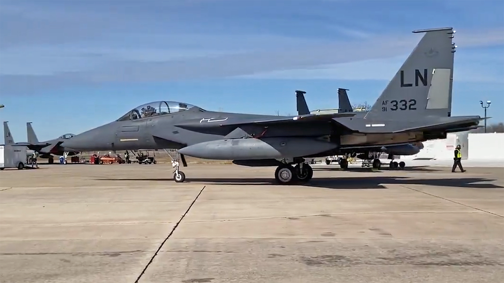 An F-15E on a flight line in San Antonio, Texas. The aircraft was recently upgraded with Eagle Passive/Active Warning and Survivability System, advanced electronic warfare system.