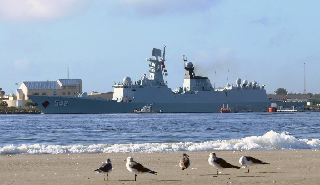 JACKSONVILLE, FLORIDA, UNITED STATES - 2015/11/07: The Chinese Type 054A Jiangkai II-class guided-missile frigate Yiyang is seen departing Naval Station Mayport, in Jacksonville, following a scheduled multi-day goodwill port visit. Three People's Liberation Army Navy (PLAN) ships arrived at the Mayport base on November 2, 2015 as part of an around-the-world deployment after completing port calls in Europe. (Photo by Paul Hennessy/SOPA Images/LightRocket via Getty Images)