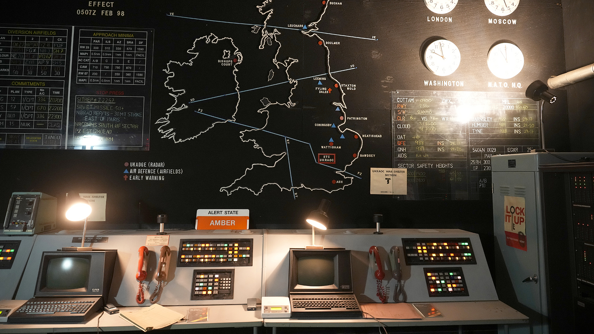 NANTWICH, ENGLAND - MAY 24: The ballistic missile early warning control centre inside the former RAF Hack Green secret nuclear bunker on May 24, 2023 in Nantwich, England. Hack Green played a central role in the defence of Britain for almost sixty years. It was chosen during WW2 to protect the land between Birmingham and Liverpool from hostile attack and as a location for the new RADAR equipment. The bunker went on to be used for shelter and protection during the Cold War. As relations between East and West thawed many of the UK's nuclear bunkers were sold off. The Secret Bunker is now privately owned by the Siebert family and is run as a museum trust. (Photo by Christopher Furlong/Getty Images)