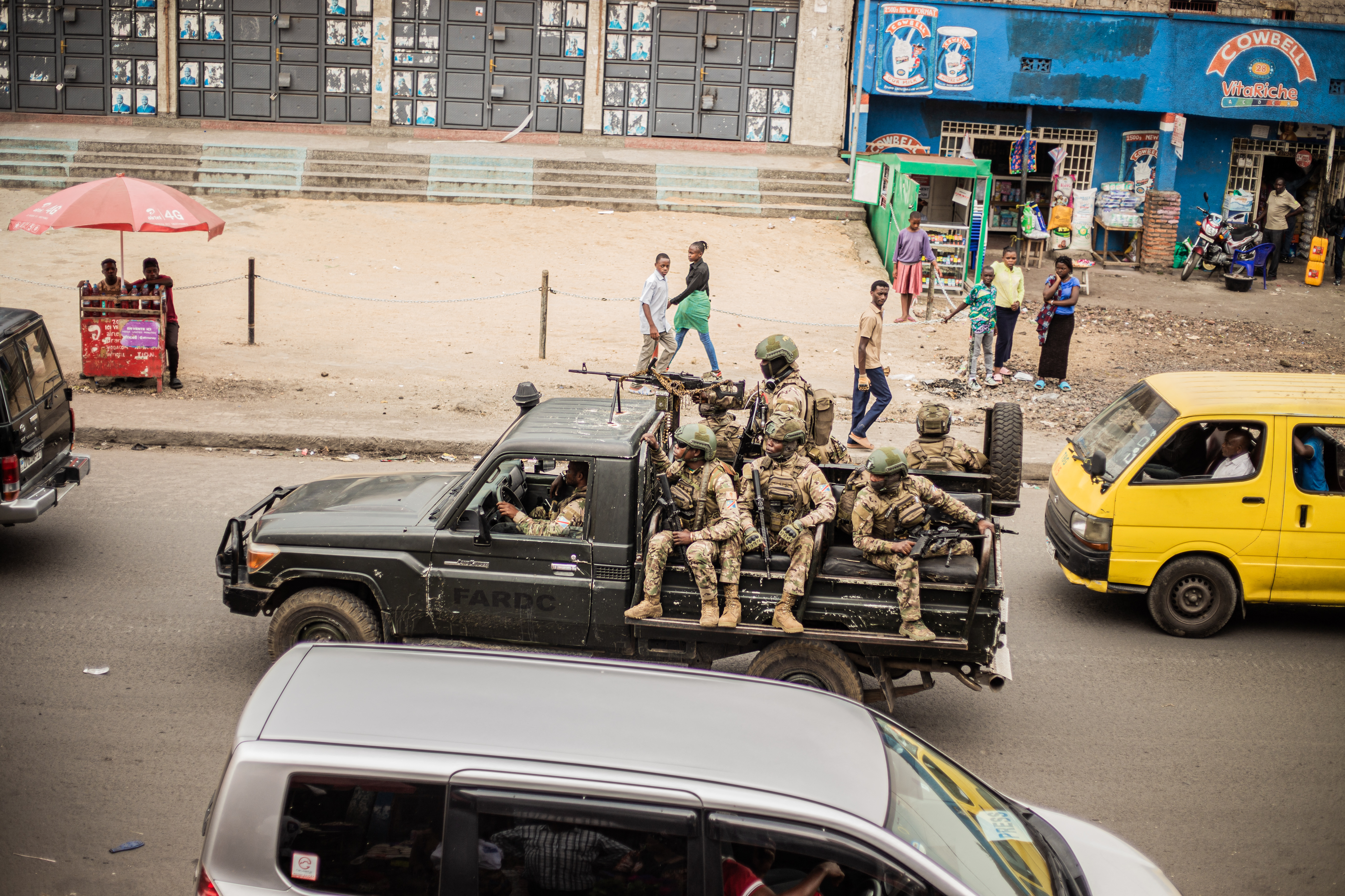 A pick up truck of the Armed Forces of the Democratic Republic of Congo (FARDC) patrols in Goma, on January 23, 2025. The M23 armed group has seized further territory in the east of the Democratic Republic of Congo and on Thursday was continuing to tighten its grip on provincial capital Goma, which is almost surrounded by fighting. (Photo by Jospin Mwisha / AFP) (Photo by JOSPIN MWISHA/AFP via Getty Images)