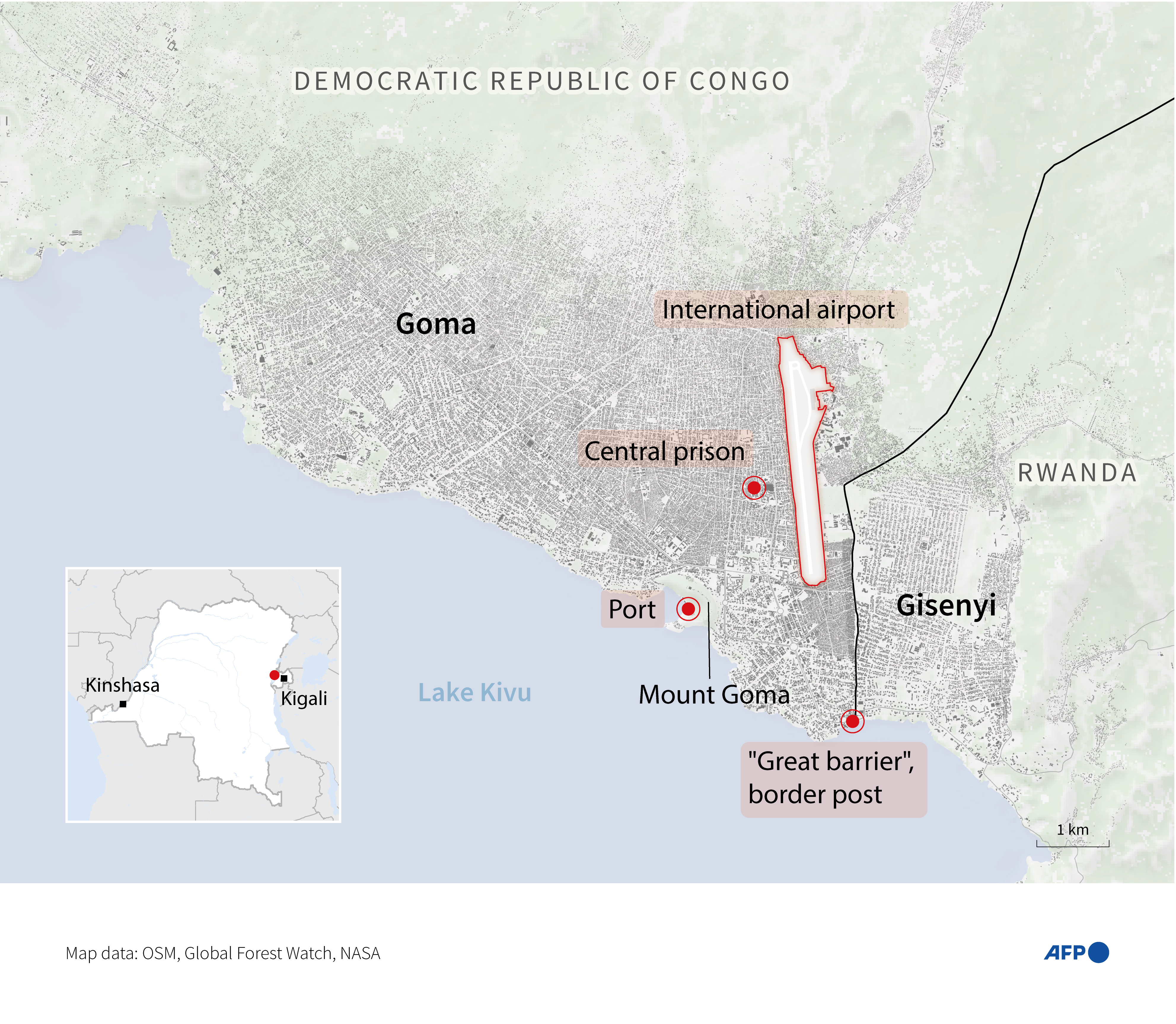 Map of the city of Goma in the east of the DR Congo showing the international airport, central prison and the "great barrier" border post with Rwanda (Photo by Nalini LEPETIT-CHELLA and Christophe THALABOT / AFP) (Photo by NALINI LEPETIT-CHELLACHRISTOPHE THALABOT/AFP via Getty Images)