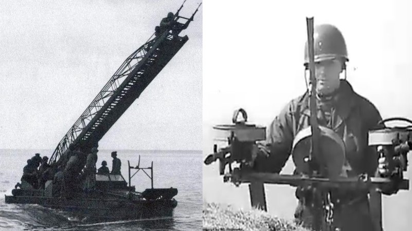 DUKW (or ‘Duck’) amphibious truck, outfitted with an extension ladder to scale cliffs in northern France and then rain down suppressive fire on the German defenders.