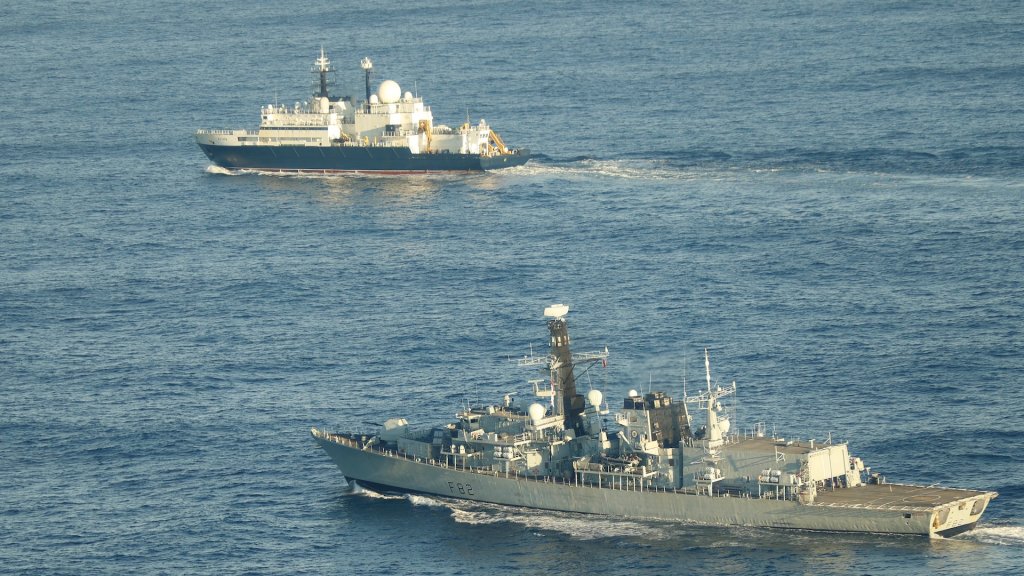 HMS Somerset (foreground) tracks the movements of a suspected Russian spy ship (Yantar). Royal Navy warships tracked a suspected Russian spy ship as it sailed through waters close to the UK. Yantar, believed to be used by the Russian Navy for intelligence gathering, was shadowed by HMS Somerset and HMS Tyne. Somerset covertly launched her Merlin helicopter, which used its powerful sensors to locate the Russian ship as it made its way north towards the English Channel. The Type 23 frigate closed in on Yantar’s location and intercepted it in the entrance to the Channel – south of the traffic separation scheme at Ushant, near France. The Plymouth-based warship took over monitoring duties from NATO allies after they shadowed Yantar in waters close to France. Somerset used her cutting-edge radars and sensors to report on every move during the operation, as she maintained a close distance to Yantar through the Channel and the Strait of Dover. Patrol ship Tyne was also monitoring the Yantar – last in waters around the UK in November when its activities were monitored by several Royal Navy units.