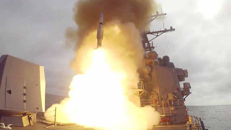 PACIFIC OCEAN (Jan. 23, 2024) The Arleigh Burke-class guided-missile destroyer USS Spruance (DDG 111) fires an SM-2 missile during a live-fire exercise. Spruance, assigned to the Abraham Lincoln Carrier Strike Group, is currently underway in the U.S. 3rd Fleet area of operations conducting advanced tactical training that increases warfighting capability and tactical proficiency across all domains. (U.S. Navy photo by Ensign John Rosenberg)