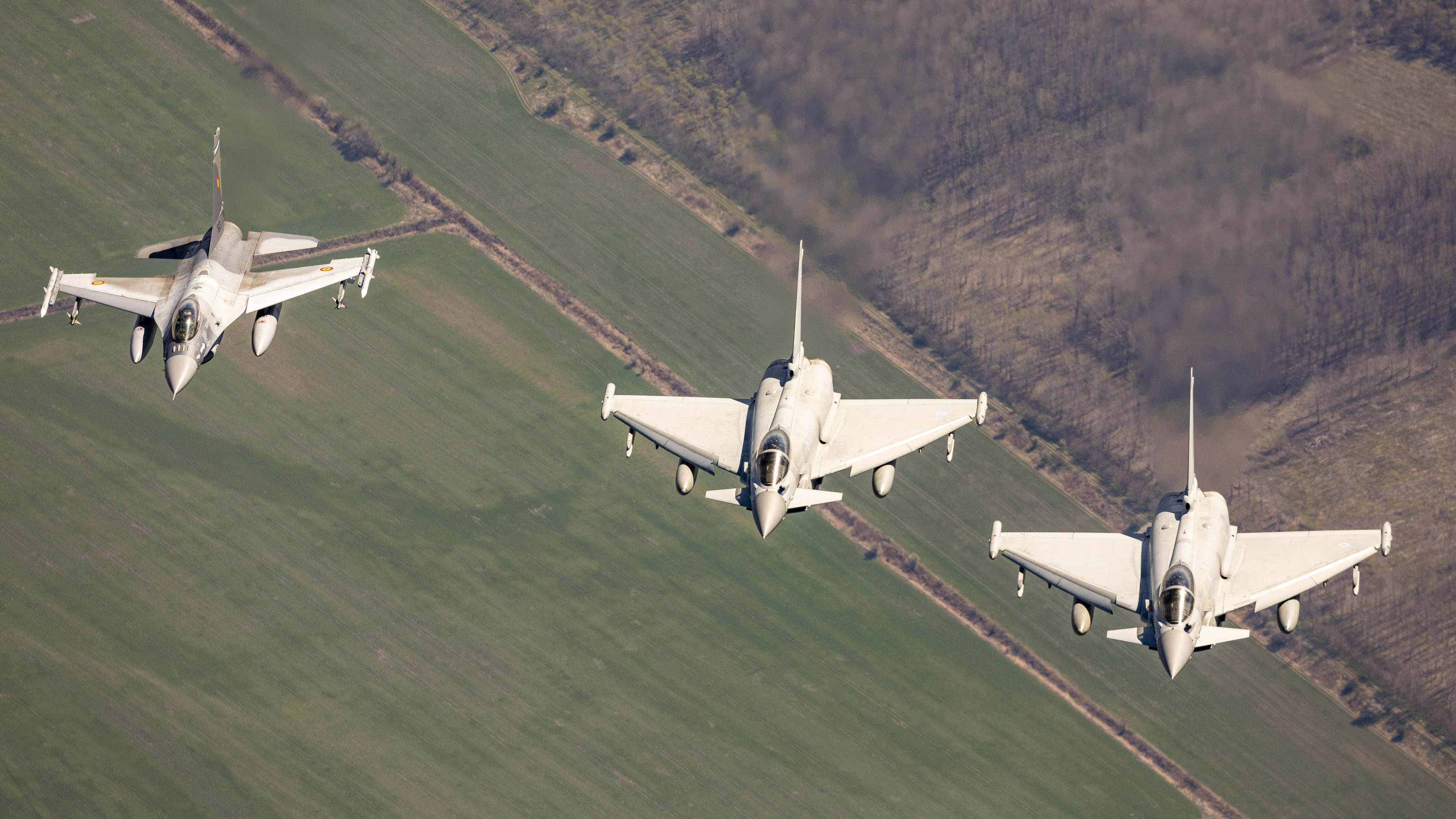 On 5th April 2022, during Op Biloxi, a Romanian Air Force (RoAF) C27 stages an intercept as part of a NATO training mission with 2 RoAF F16's, 2 Italian Air Force (ItAF) Eurofighter Typhoons and 2 Royal Air Force (RAF) Eurofighter Typhoons. The TANGO Scramble by RAF Jets to intercept the RoAF from RoAF 90th Airlift Base, Otopeni (Bucharest) followed by a formation flight with RoAF and ItAF assets with chase lane used to obtain Air to Air imagery.