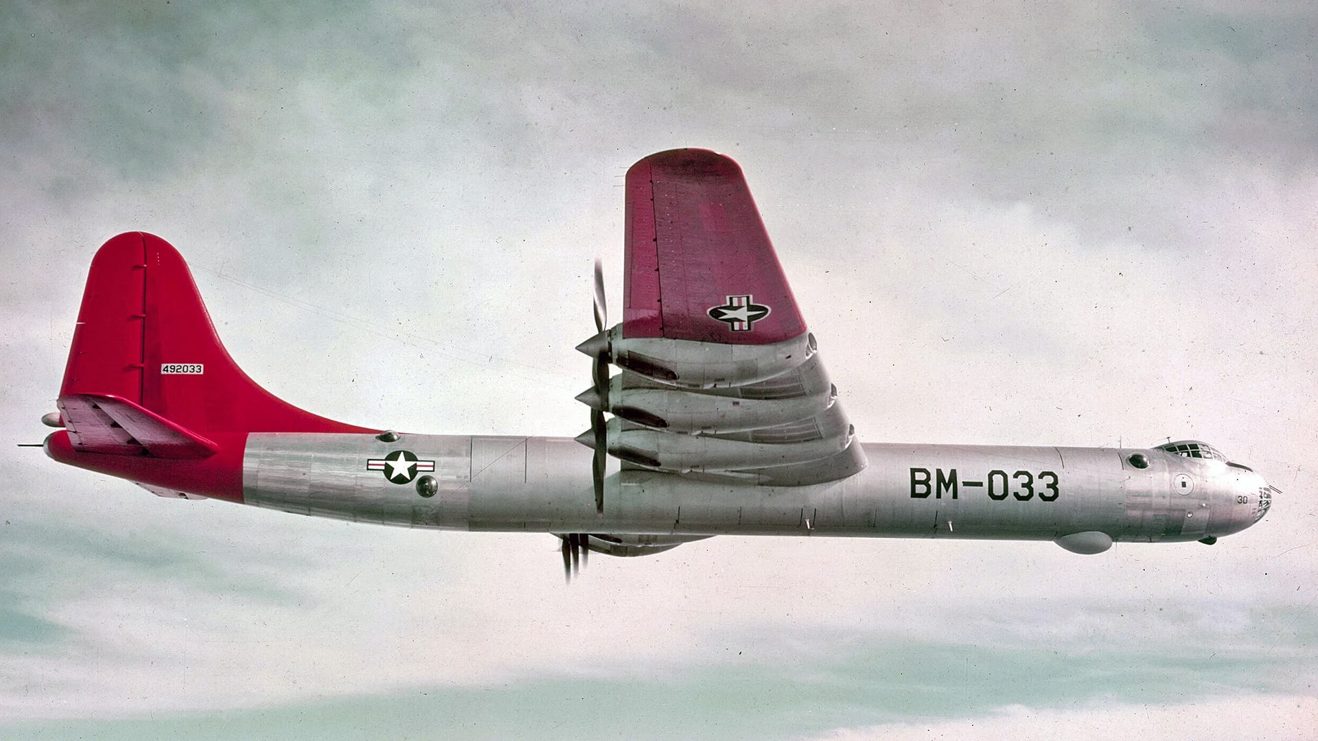 A U.S. Air Force Convair B-36B-1-CF Peacemaker (s/n 44-92033) of the 7th Bombardment Wing in flight, in 1949. This aircraft was retired to the MASDC on 19 November 1956.