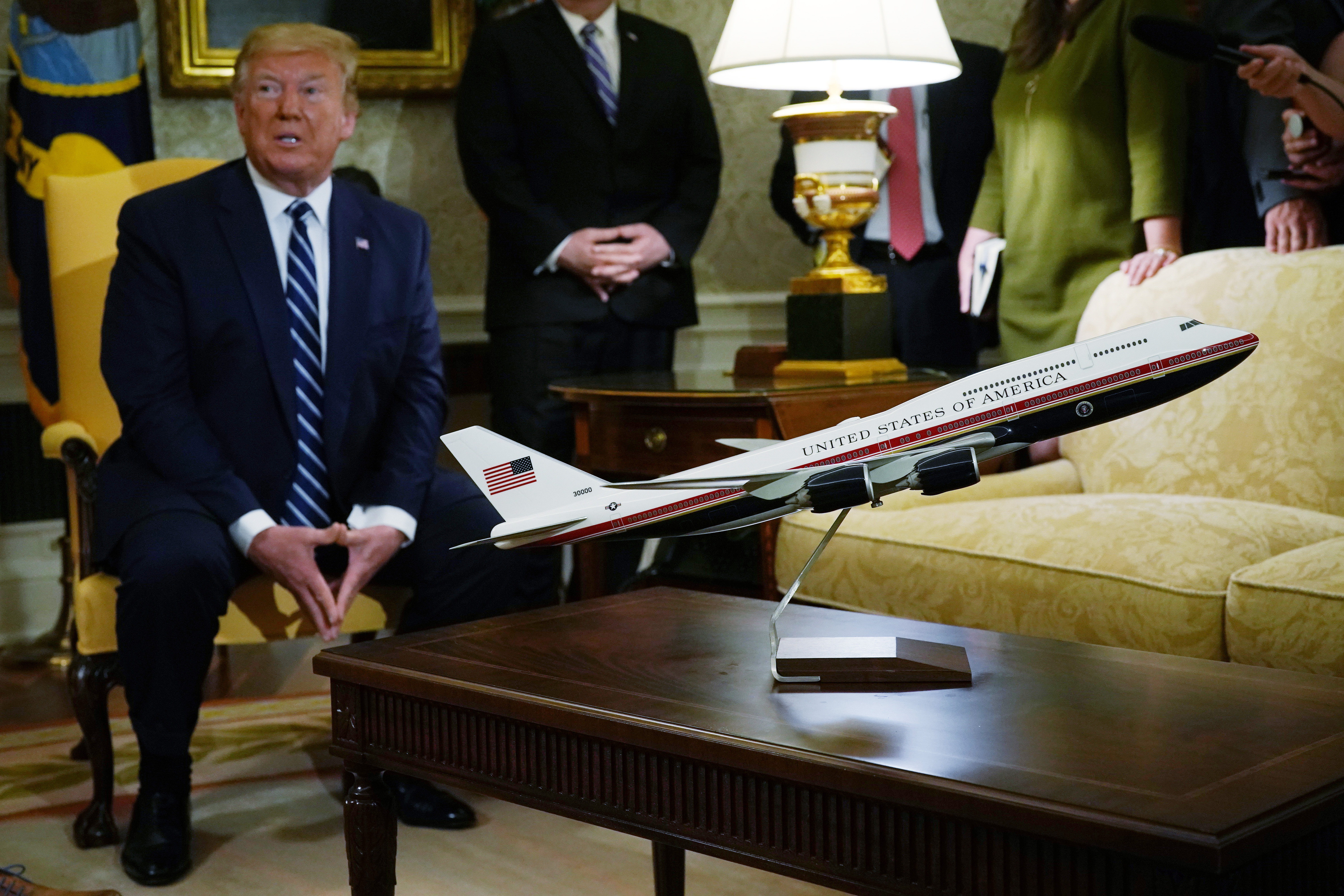  A model of the proposed paint scheme of the next generation of Air Force One is on display during a meeting between U.S. President Donald Trump and Canadian Prime Minister Justin Trudeau in the Oval Office of the White House June 20, 2019 in Washington, DC. The two leaders are expected to discuss on the trade agreement between the U.S., Canada and Mexico. (Photo by Alex Wong/Getty Images)